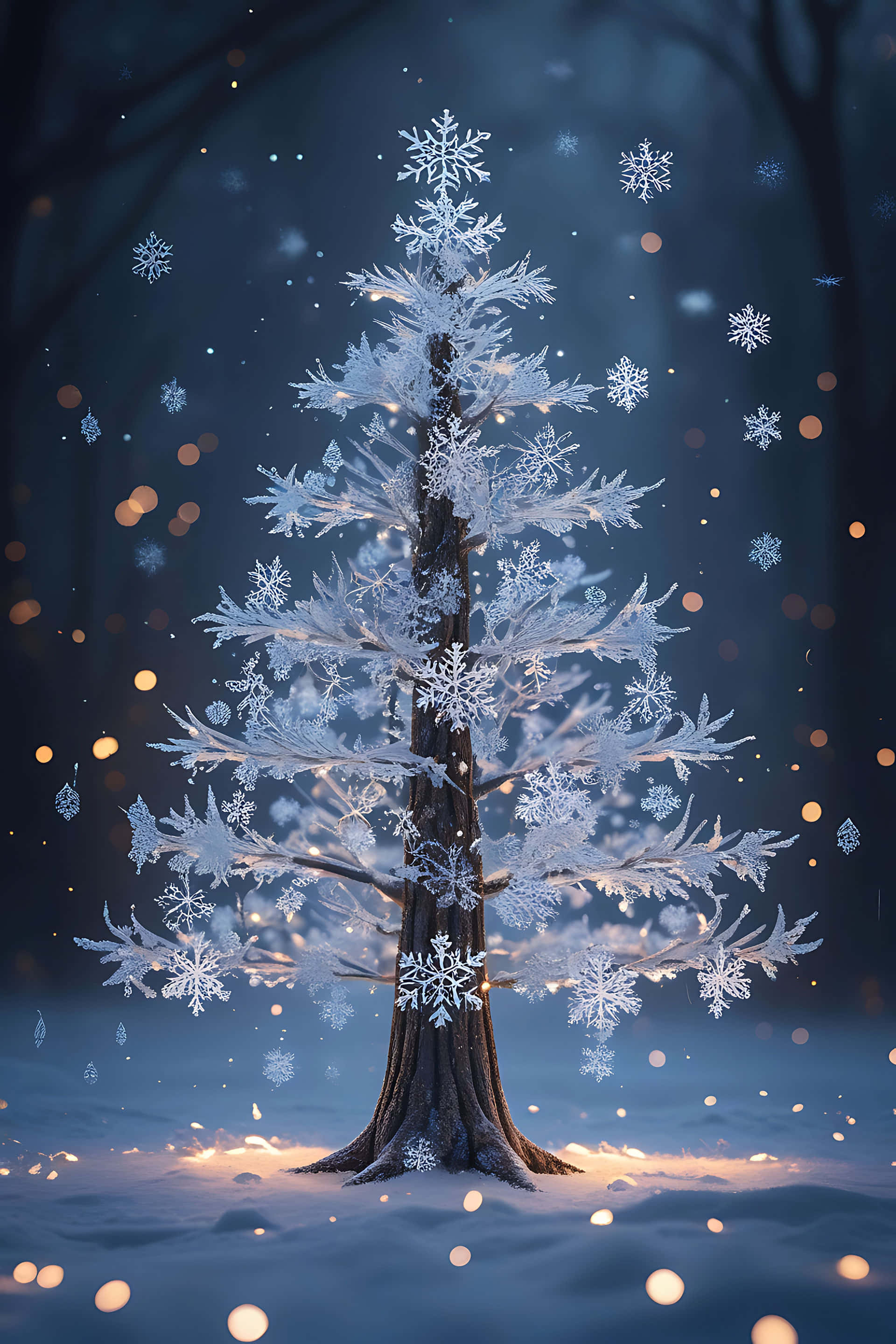 enchanted winter tree, snow-covered tree, glowing lights, 2K Phone Wallpaper