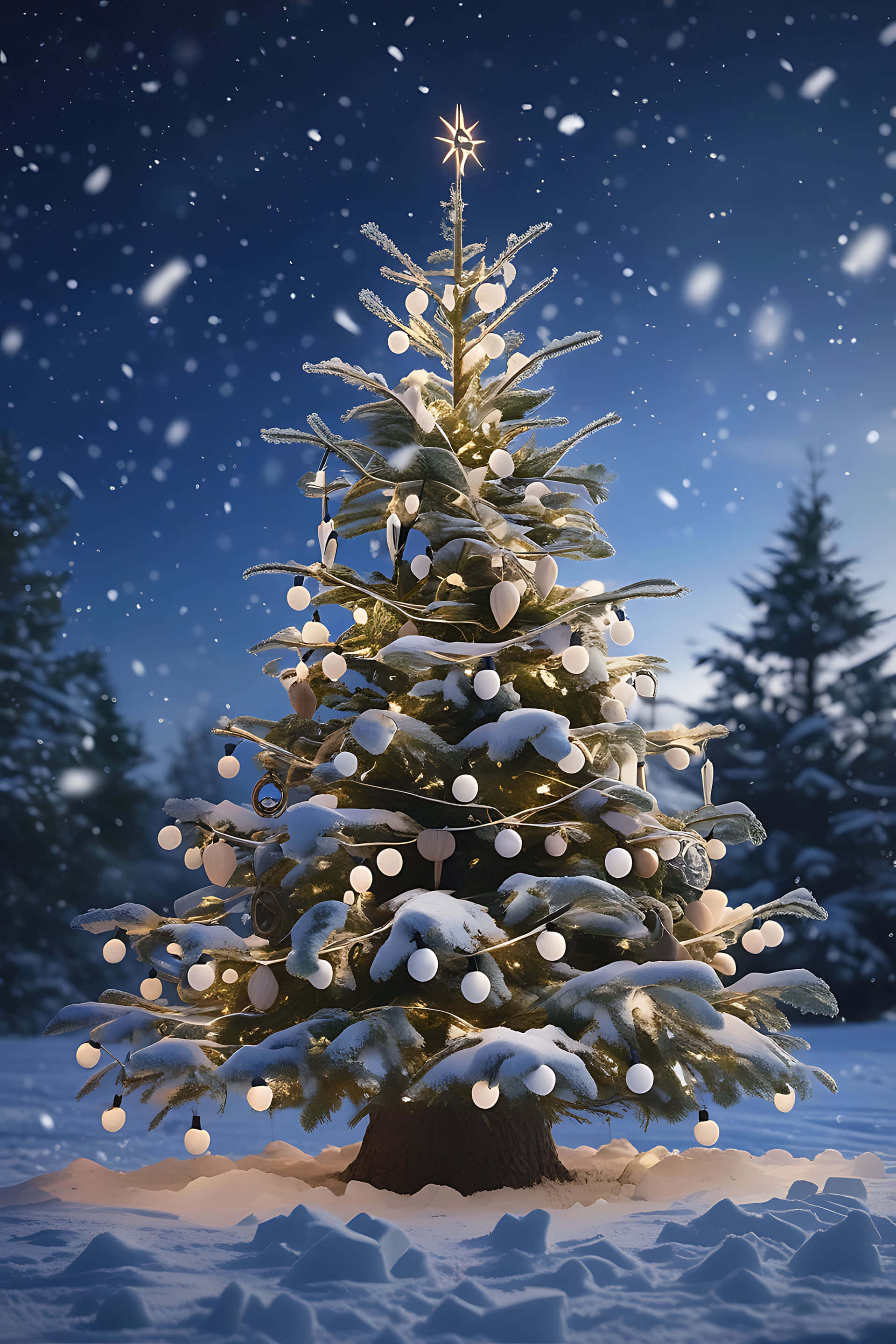 snow-covered Christmas tree, glowing white lights, ornaments, 2K Phone Wallpaper