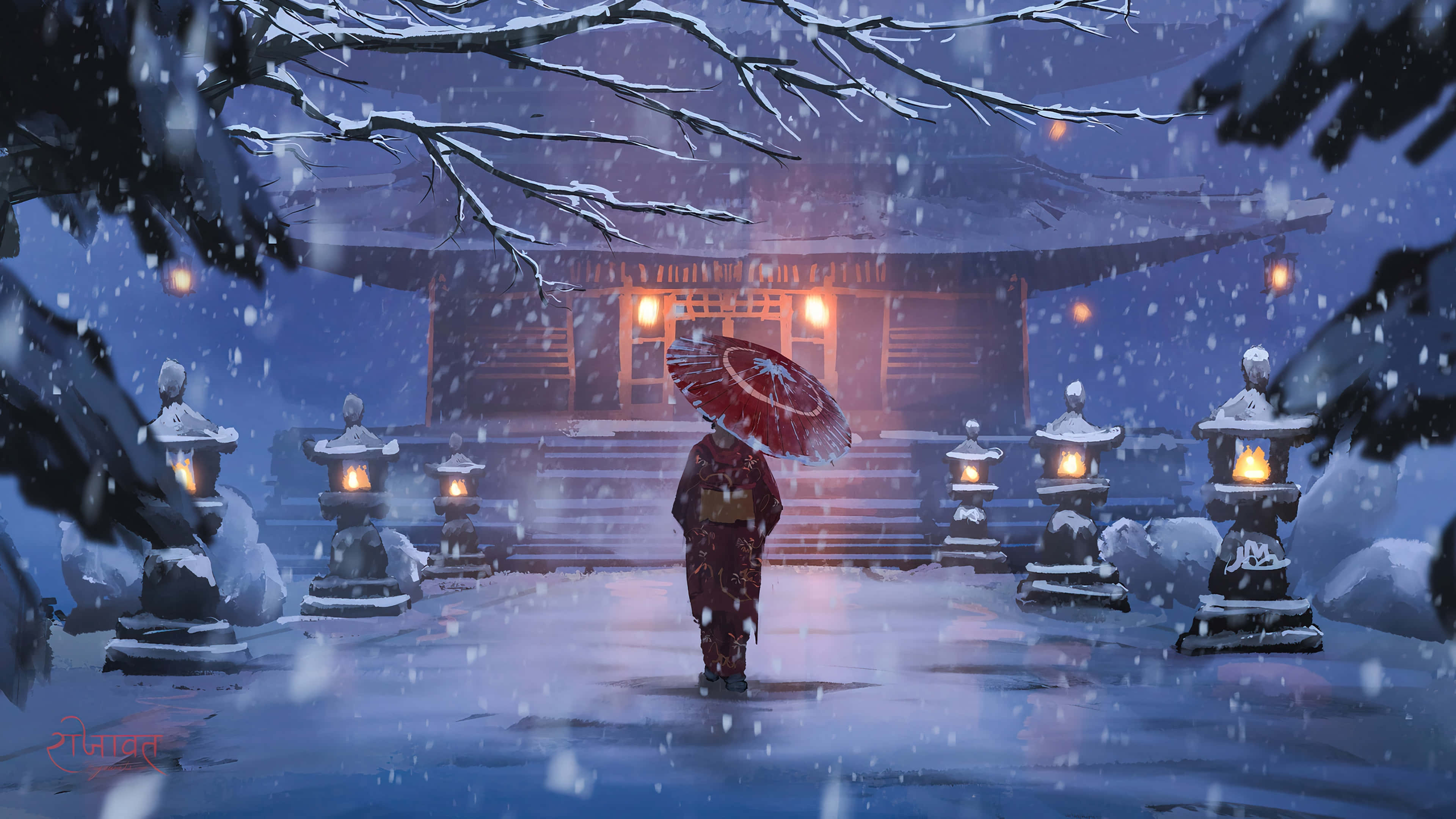 Snowfall, red kimono, matching umbrella, 4K Desktop Wallpaper