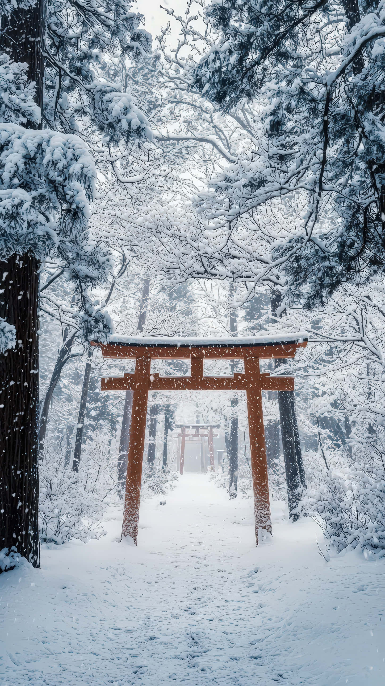 red torii gate, winter forest, falling snowflakes, 2K Phone Wallpaper