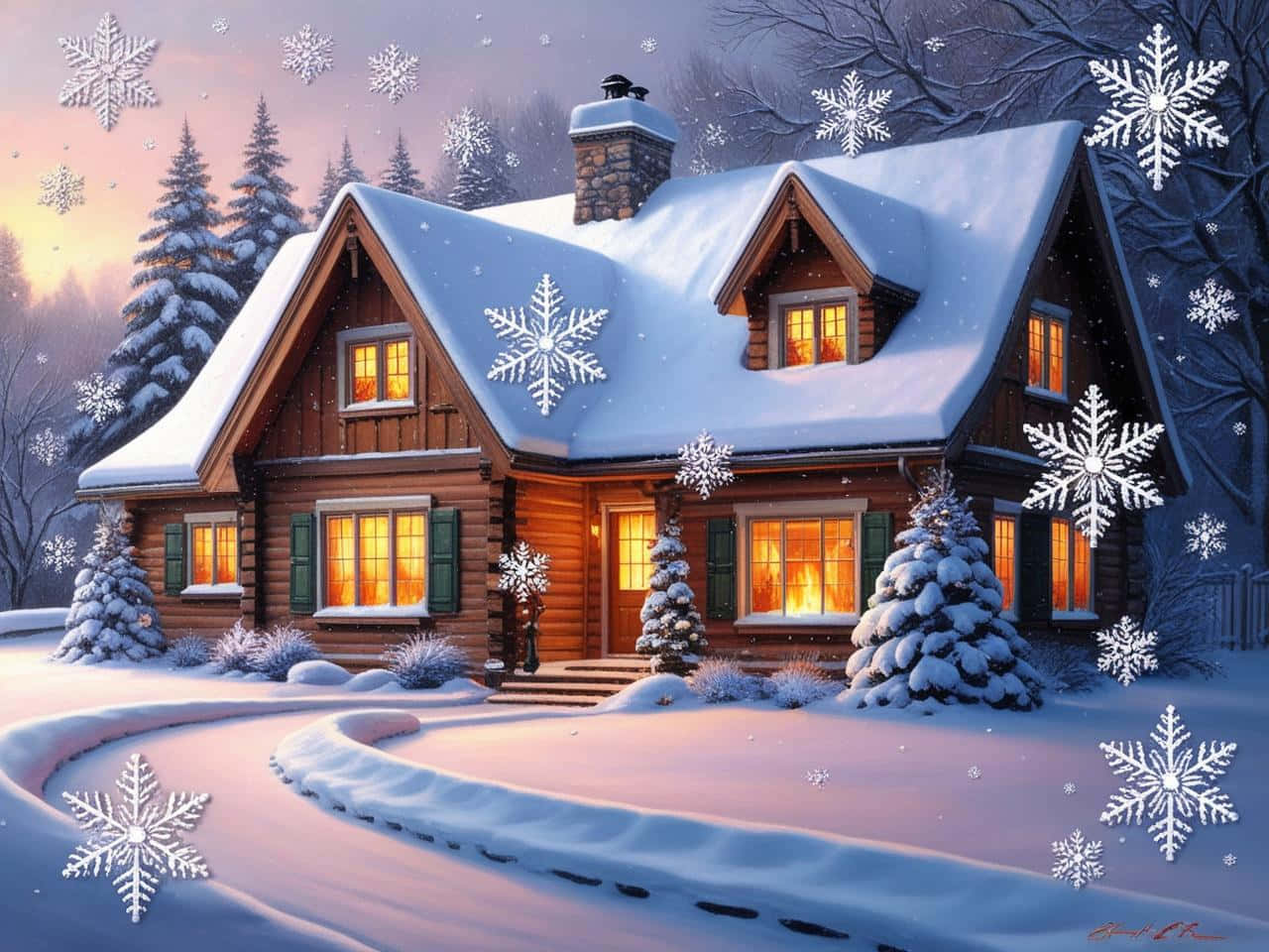 snowflakes, log cabin, twilight winter forest, HD Desktop Wallpaper