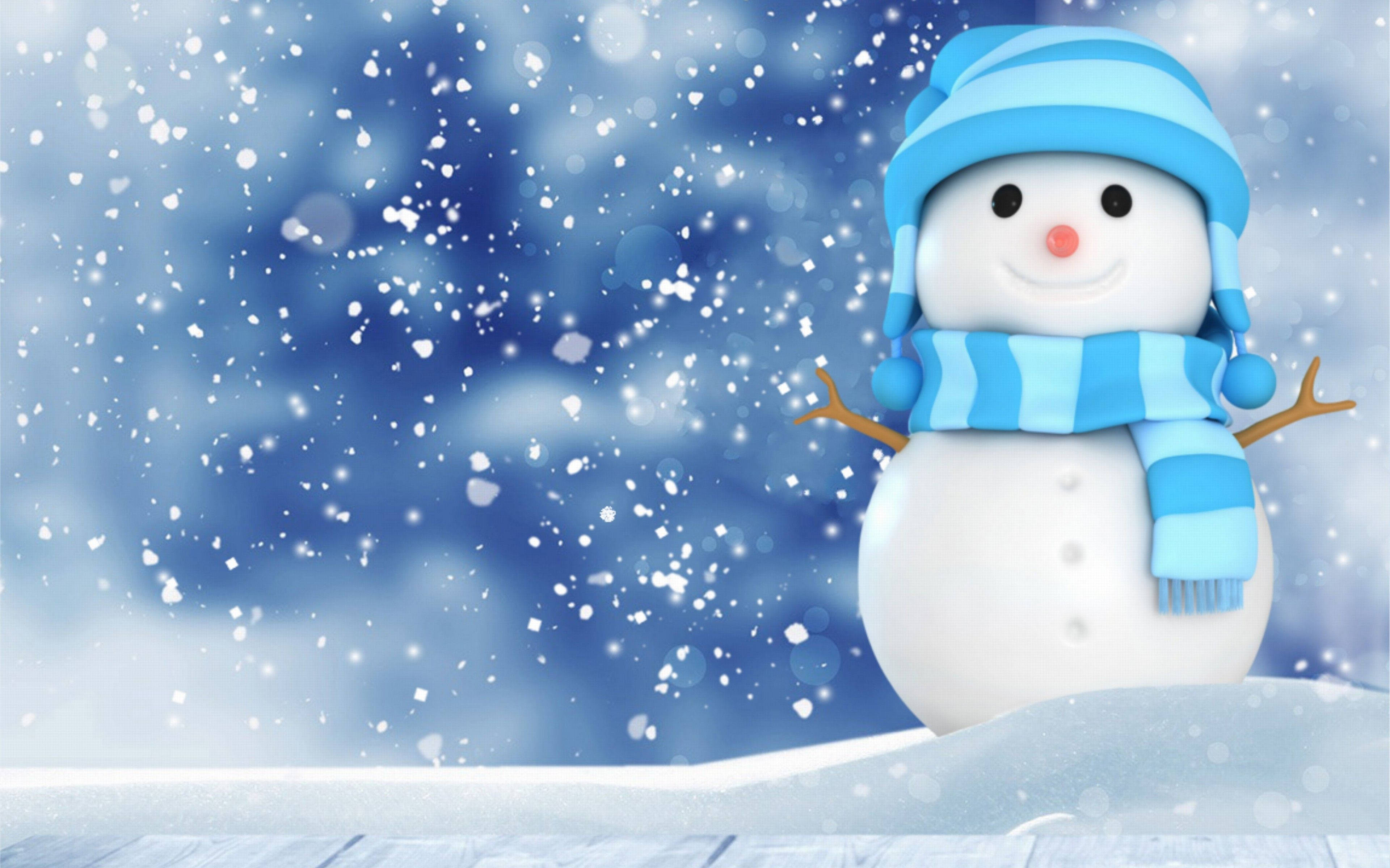 snowman, blue hat, blue scarf, 4K Desktop Wallpaper