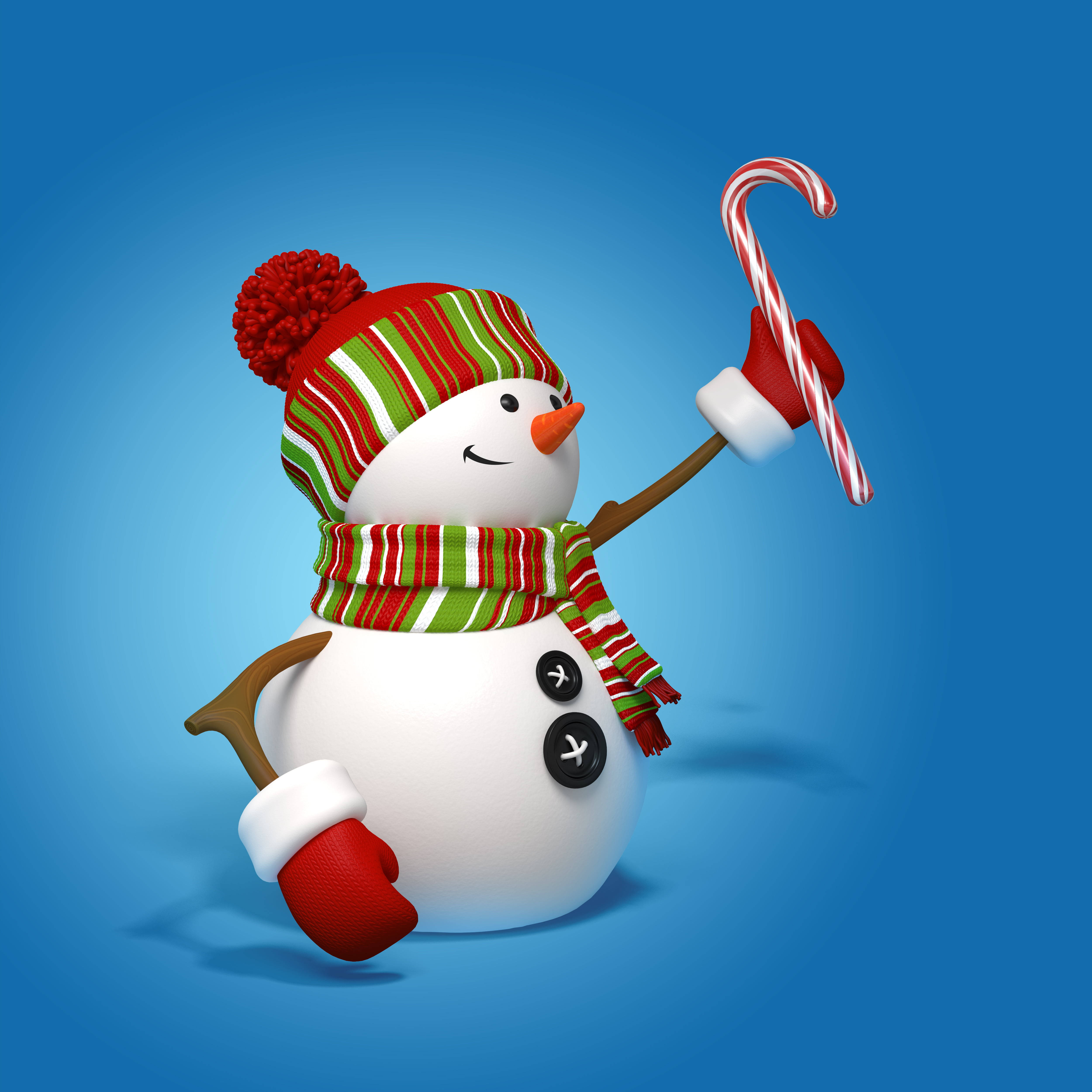 3d-rendered snowman, red green striped hat, scarf, 4K Desktop Wallpaper