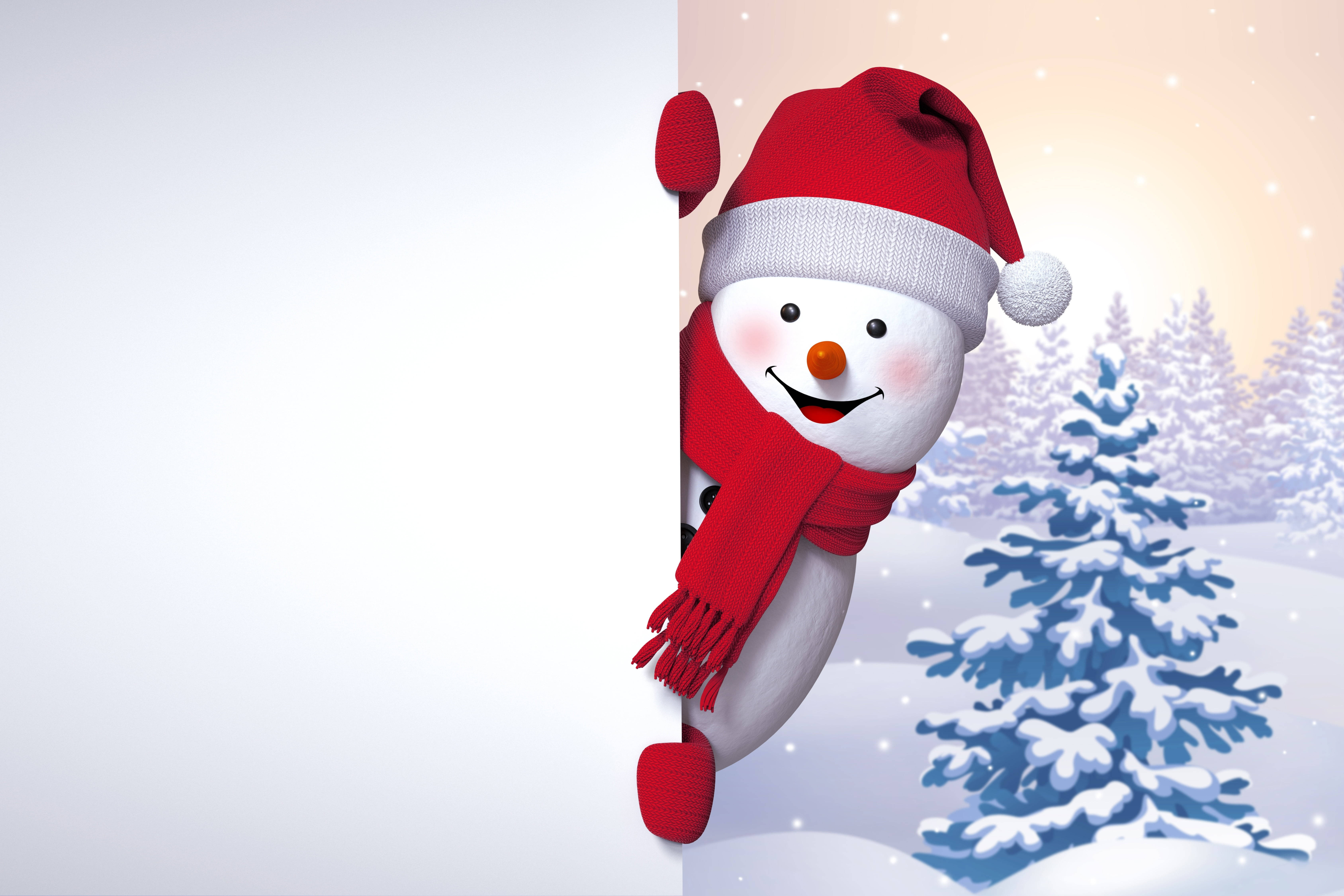 snowman, red hat, scarf, 5K Desktop Wallpaper
