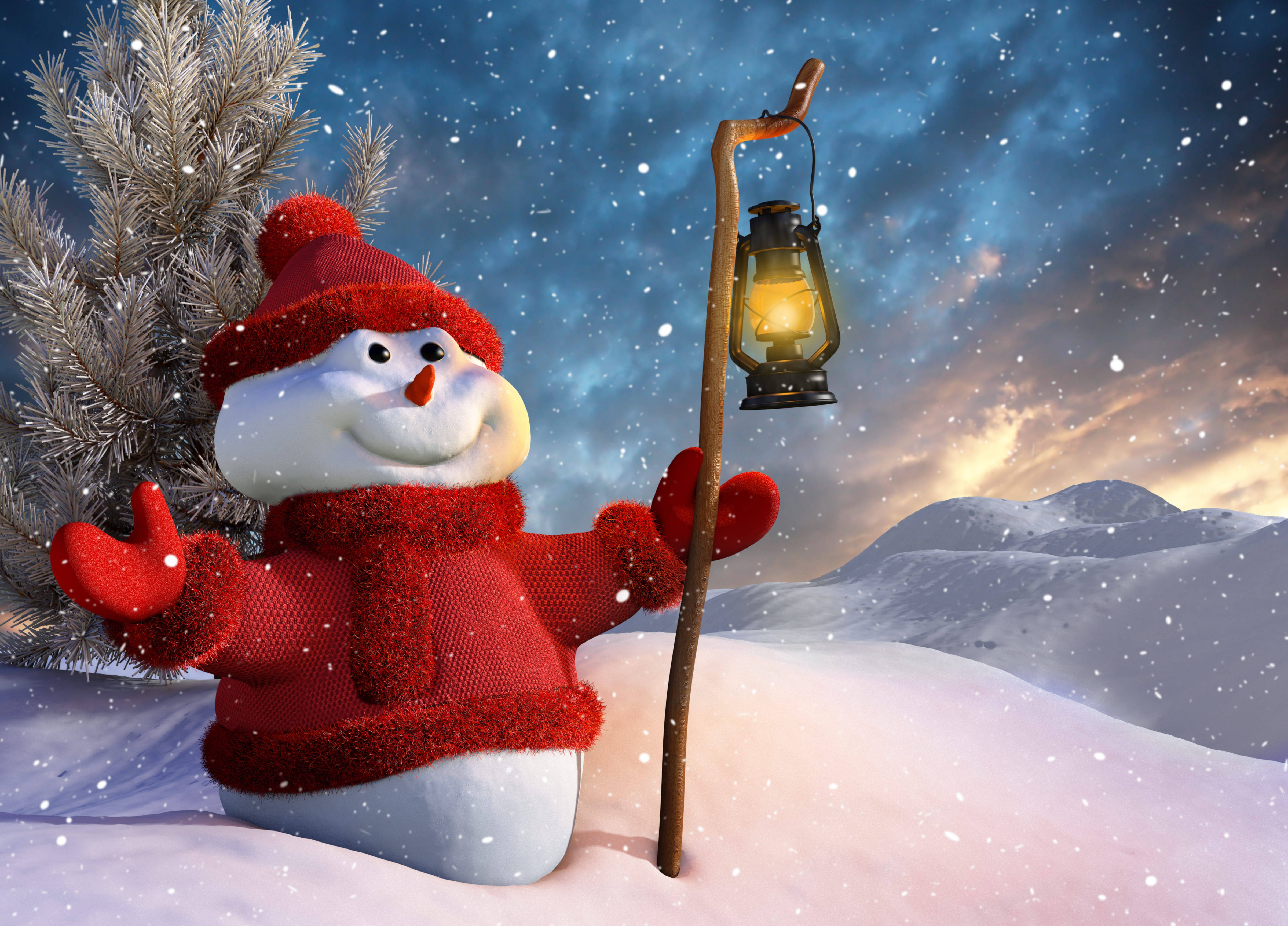 Snowman, lantern, red knit gear, 4K Desktop Wallpaper