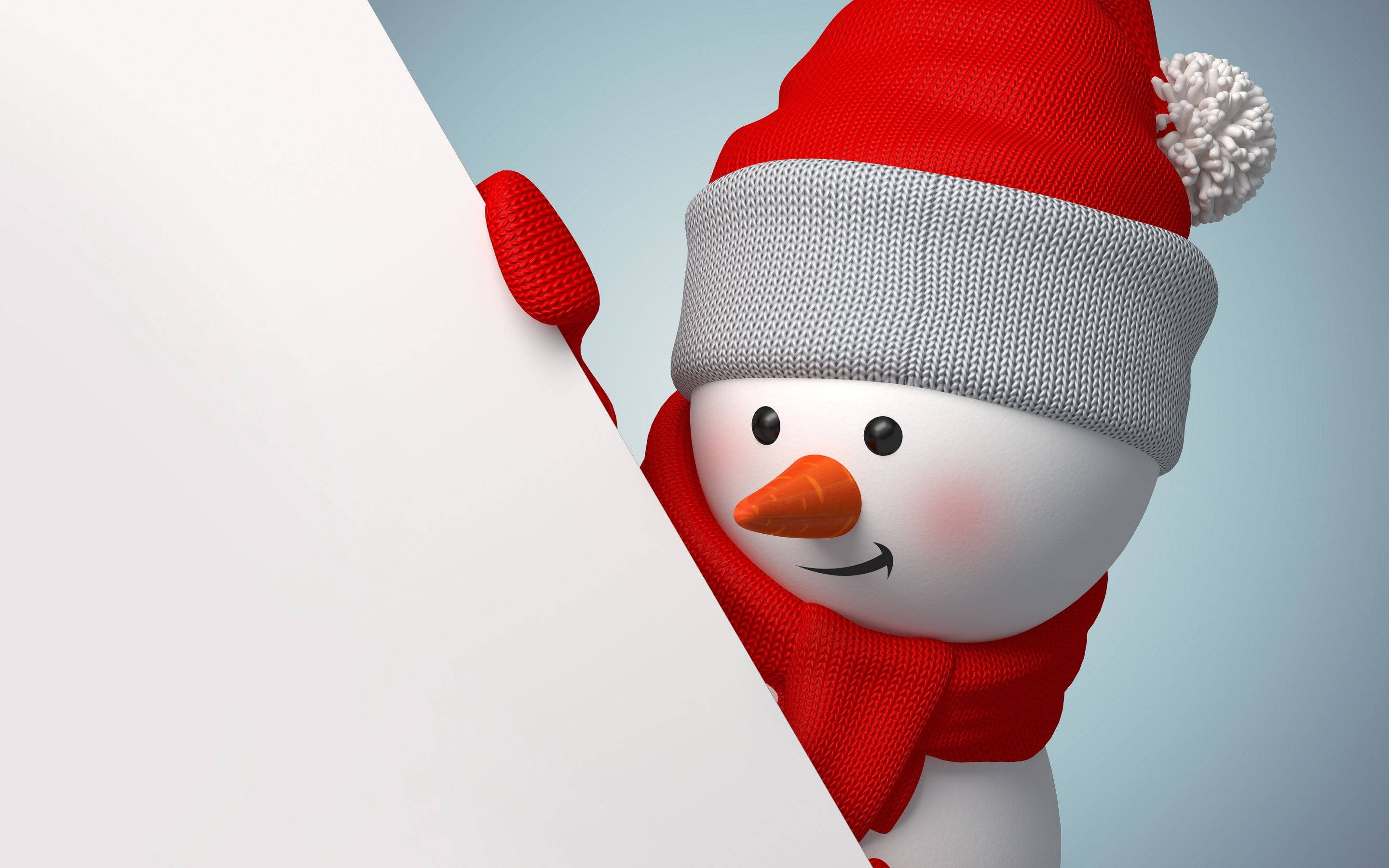 cute peeking snowman, red hat, scarf, 2K Desktop Wallpaper