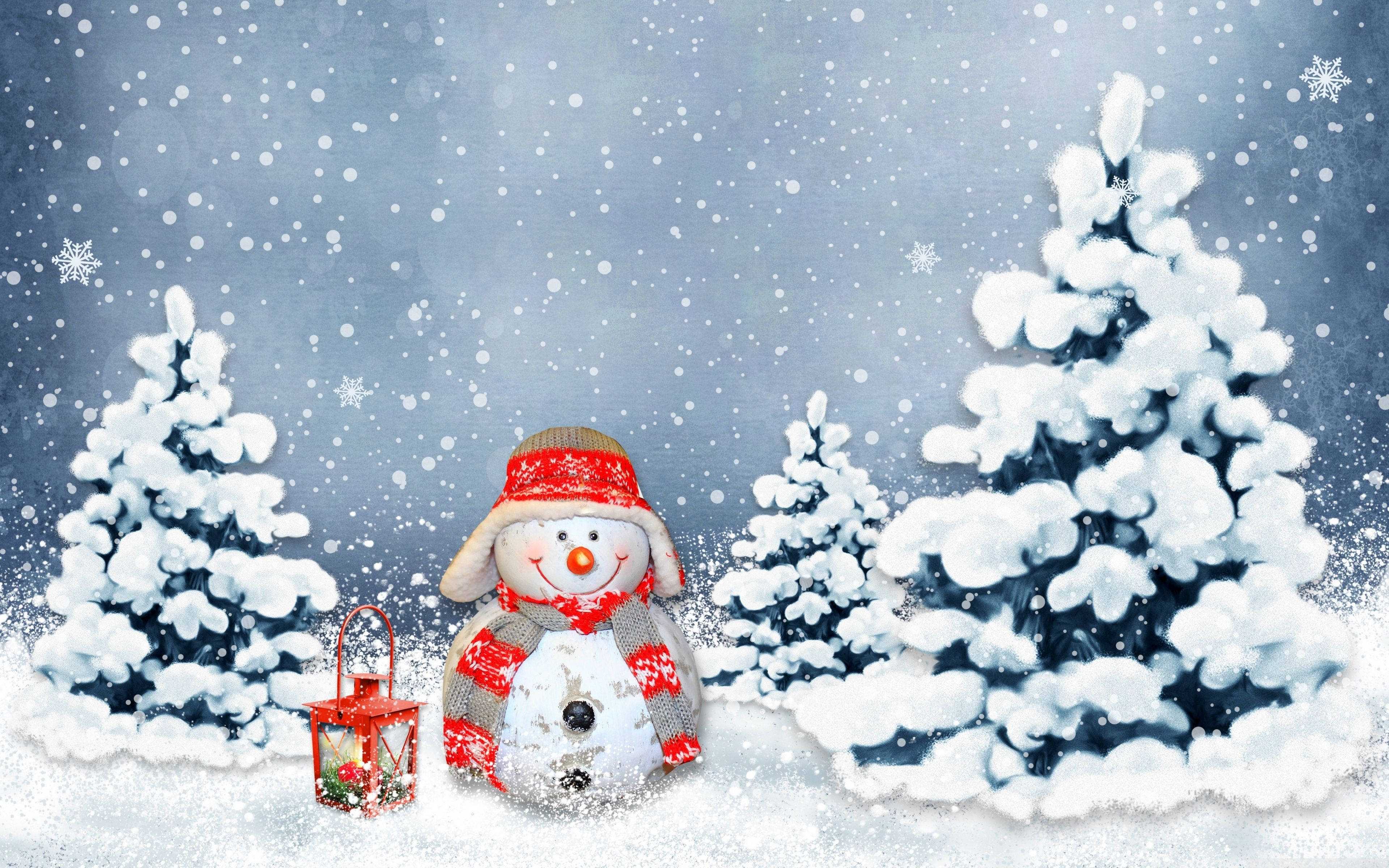 snowman, red scarf, red hat, 4K Desktop Wallpaper