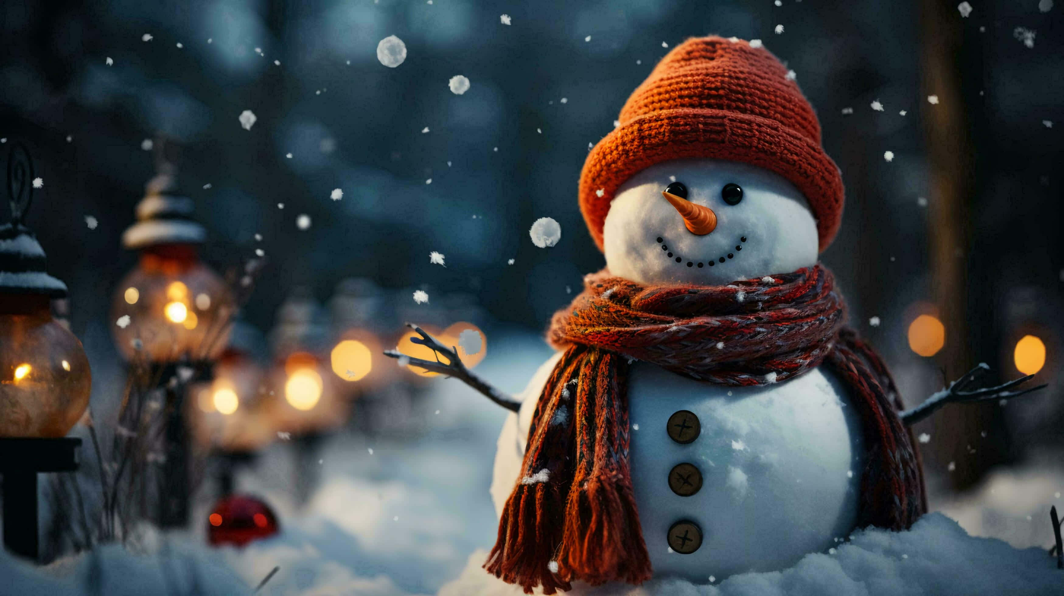 snowman, red knit hat, red knit scarf, 2K Desktop Wallpaper
