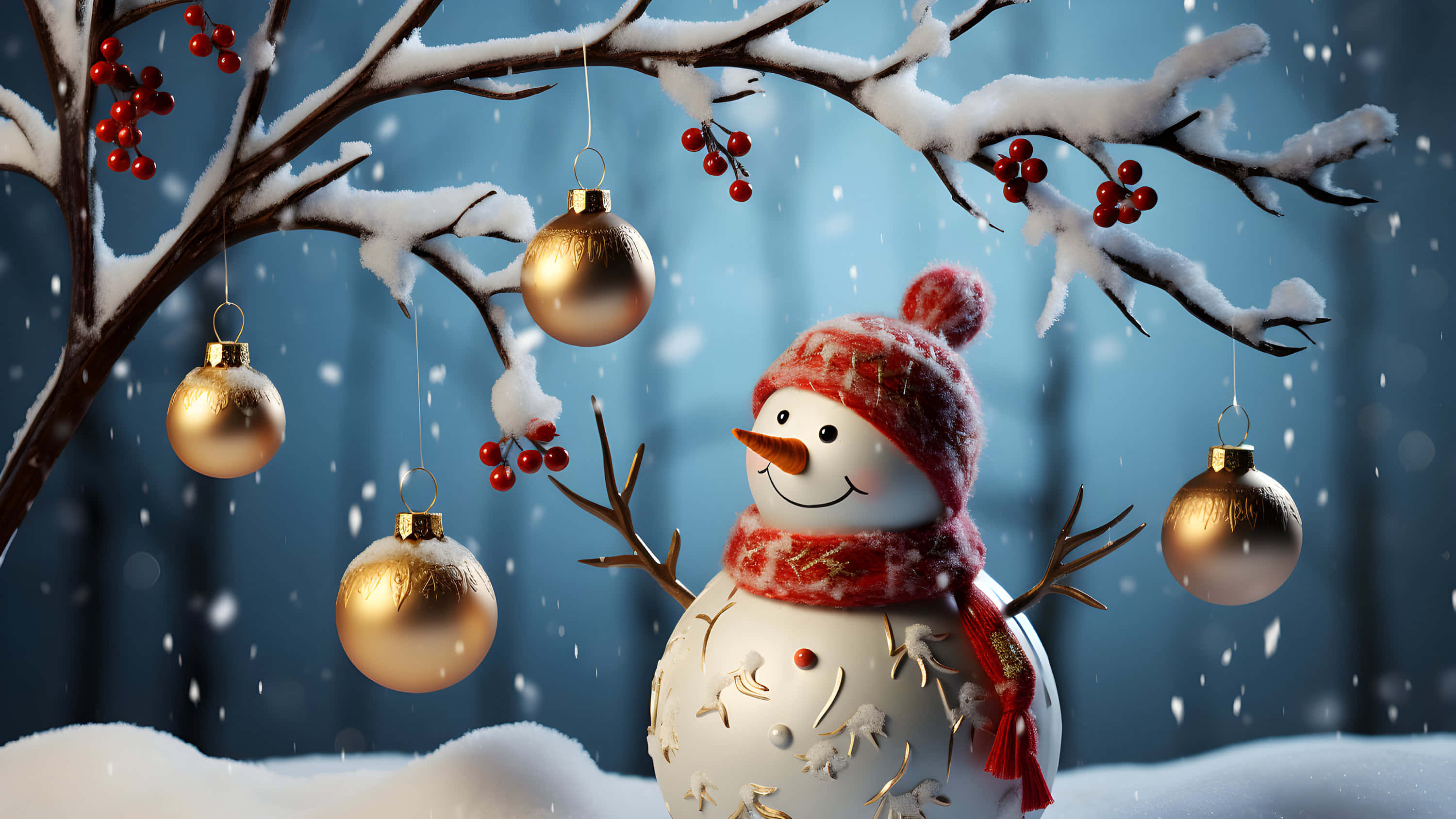 snowman, red hat, red scarf, 2K Desktop Wallpaper