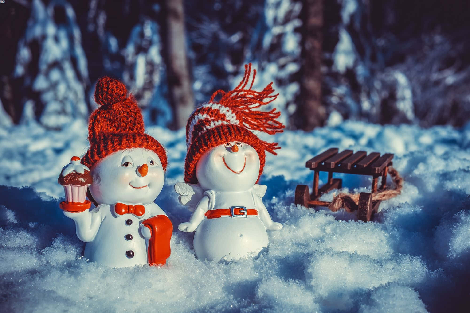 cheerful snowmen, red knit hats, wooden sled, Full HD Desktop Wallpaper