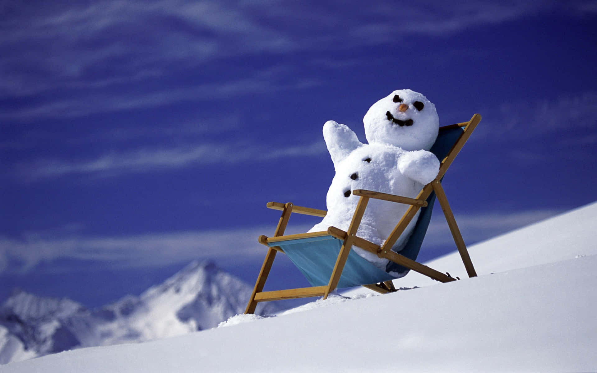 snowman, blue beach chair, snowy mountain, Full HD Desktop Wallpaper