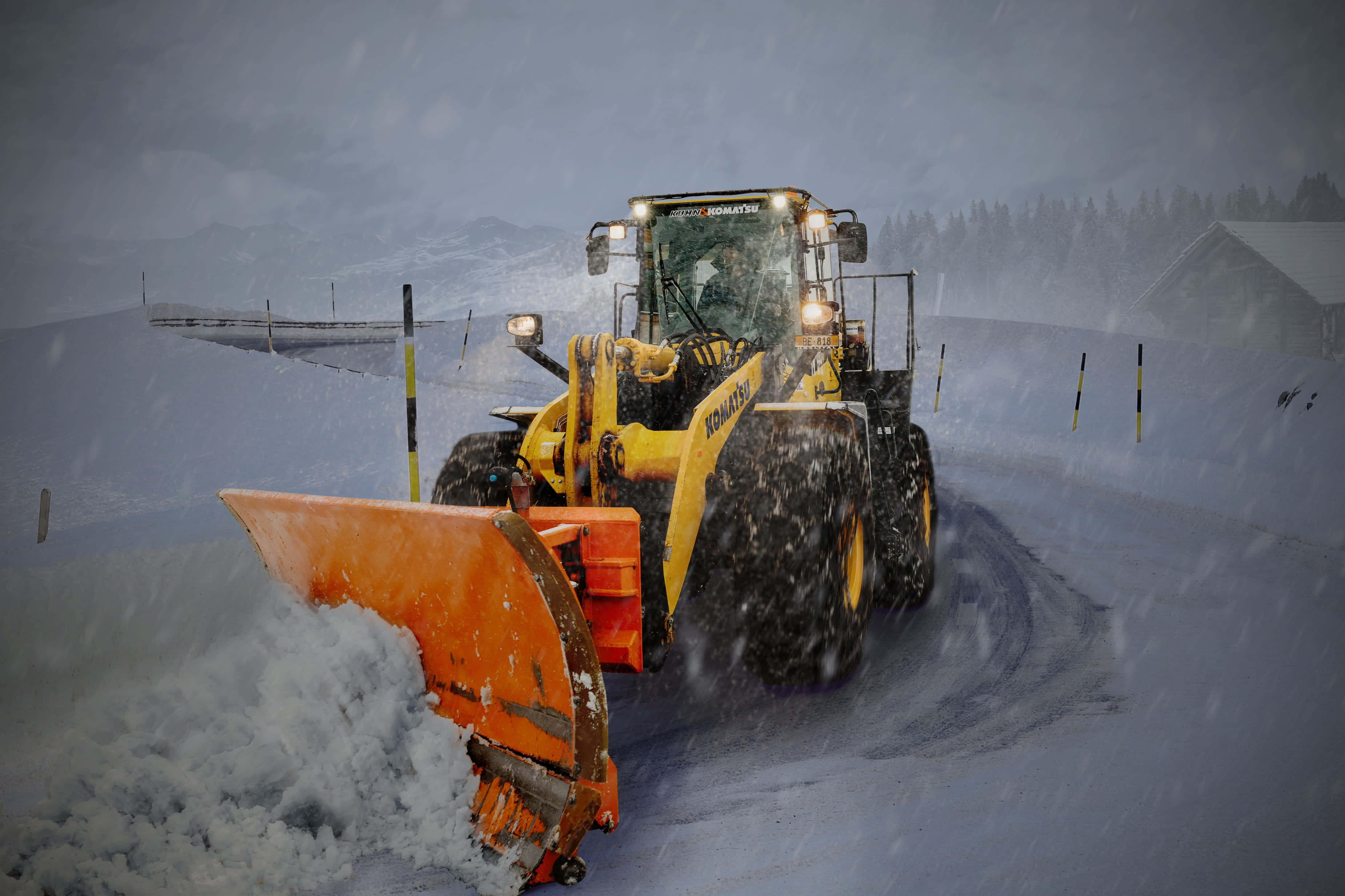 Snowplow, yellow, snow-covered road, 4K Desktop Wallpaper