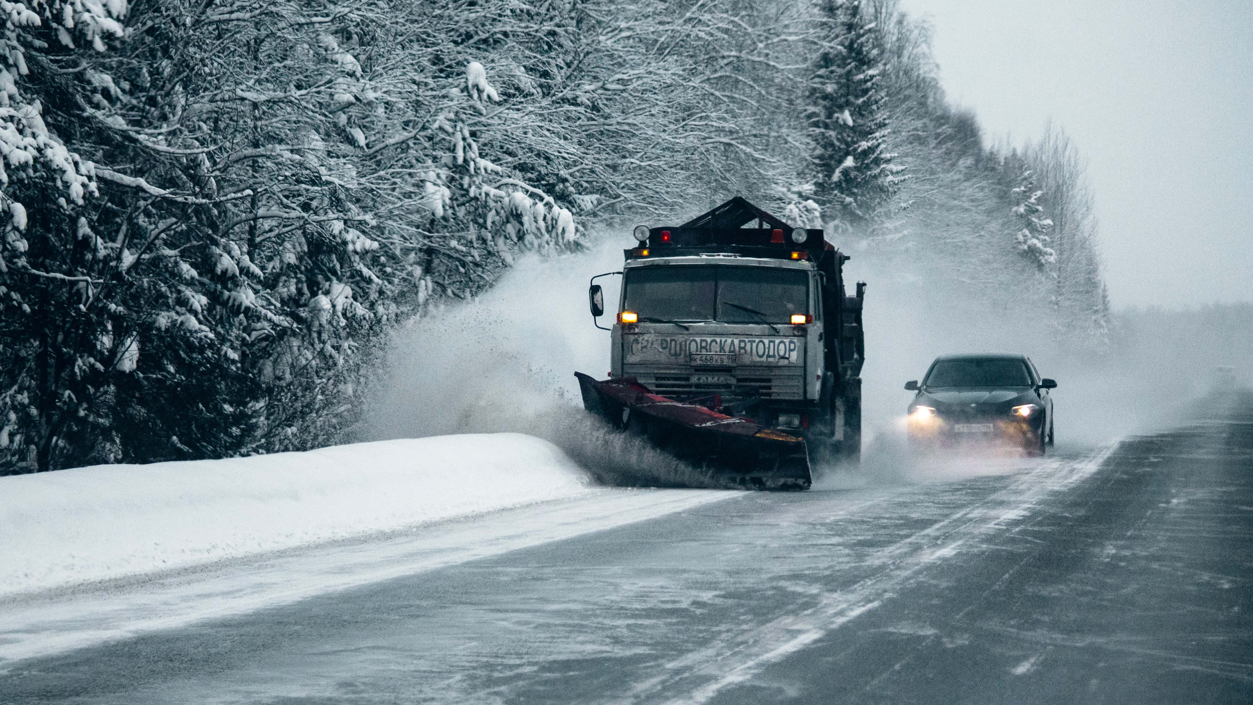 Snowplow 4123, mountain road, snow-laden trees, 4K Desktop Wallpaper