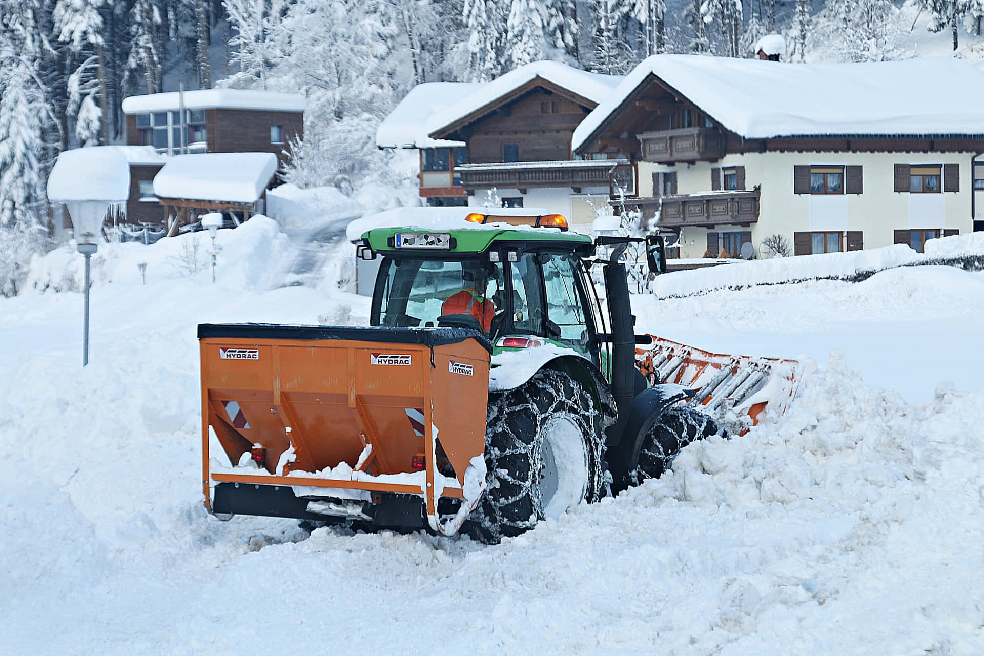 Snowplow, mountain road, village street, Full HD Desktop Wallpaper