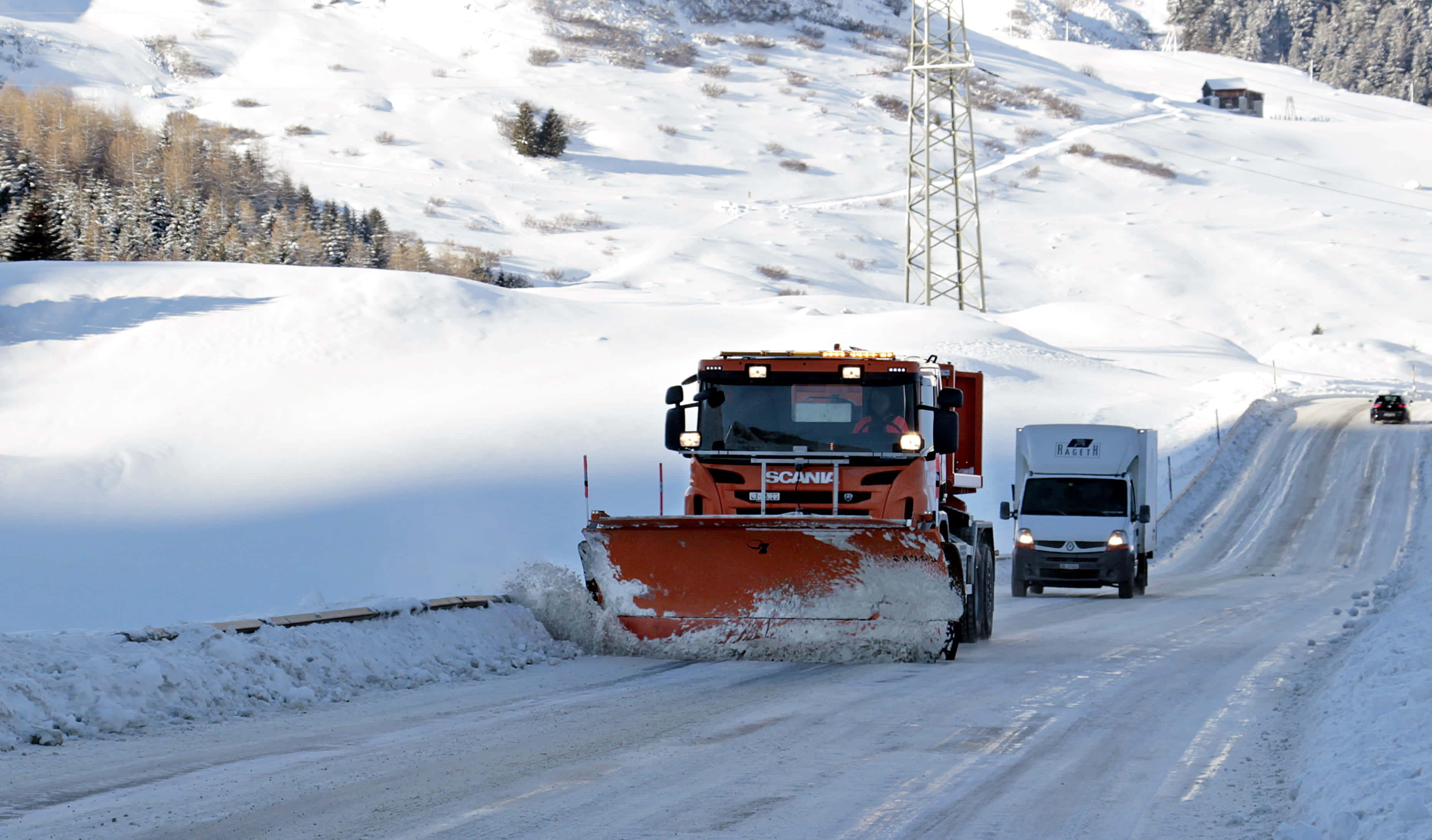 snowplow, bright orange, icy road, 2K Desktop Wallpaper