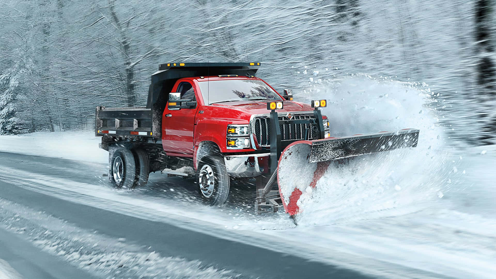 Snowplow, red, snowy road, Full HD Desktop Wallpaper