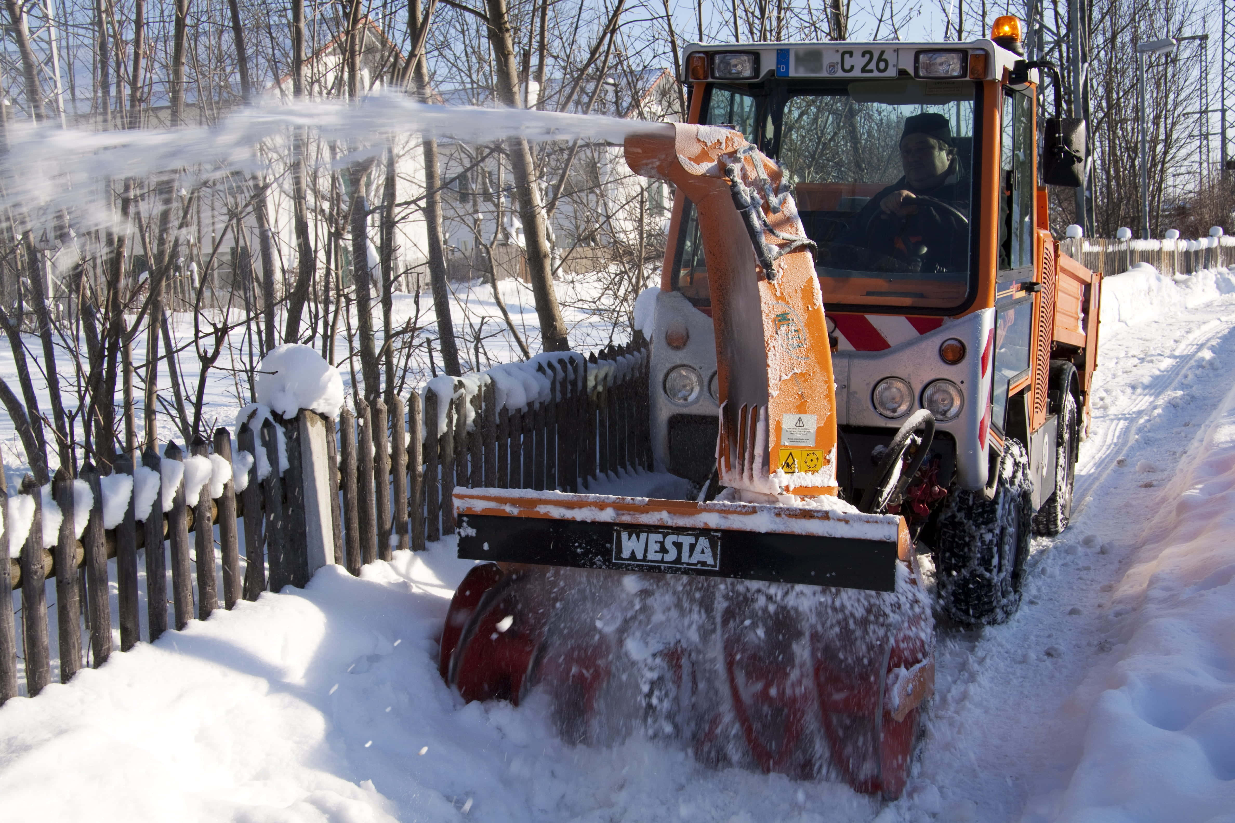 Snowplow, orange, snow-dusted wooden fence, 4K Desktop Wallpaper