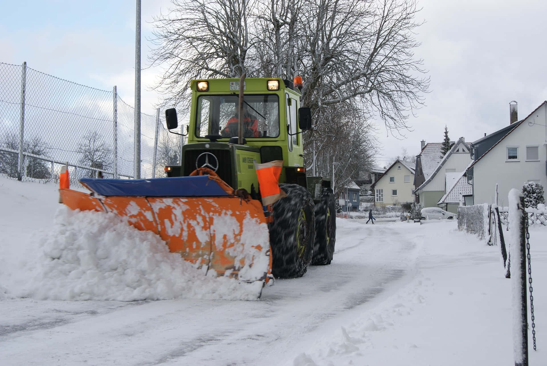 Snowplow, lime green, winter road, Full HD Desktop Wallpaper
