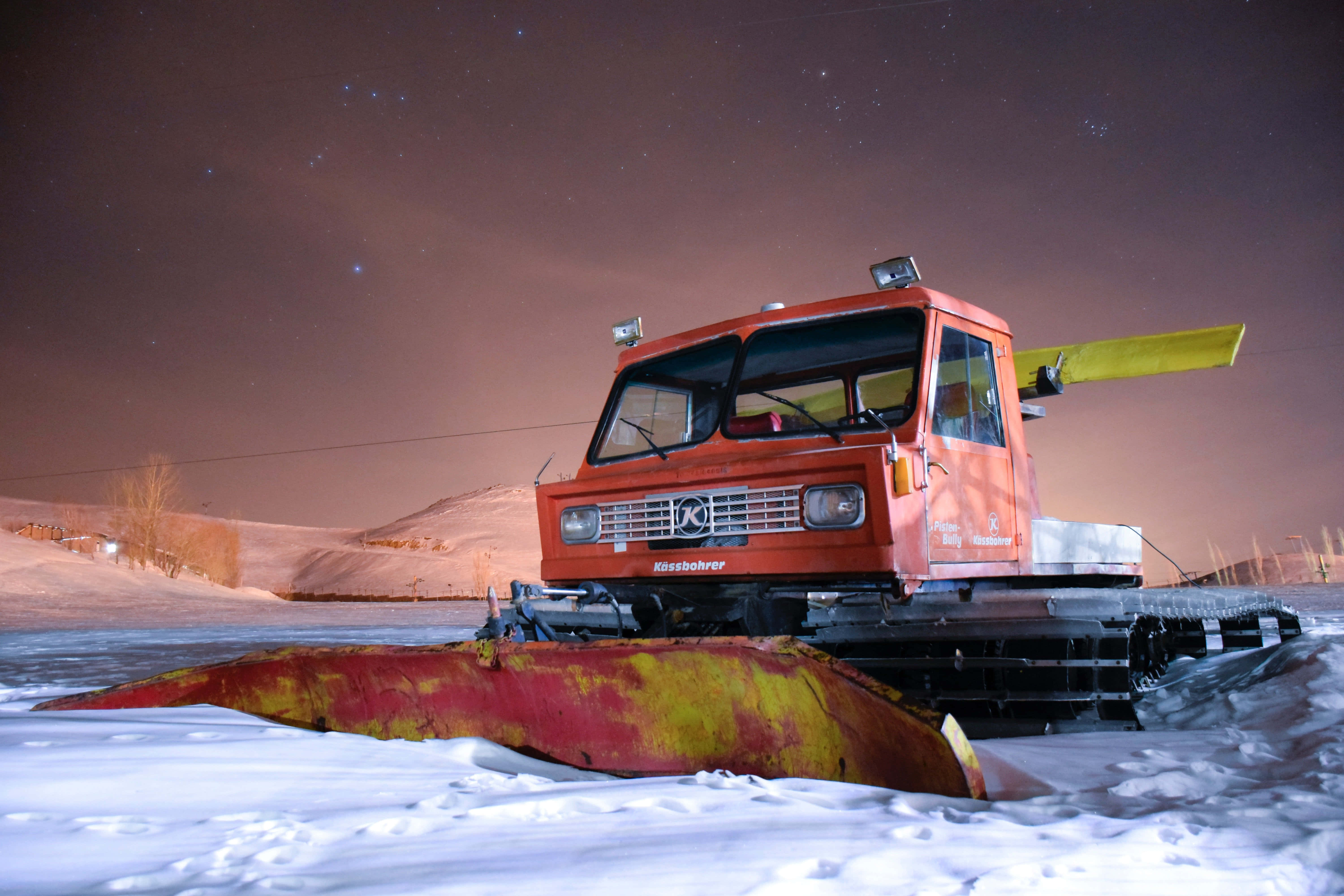 snowplow 6000 x 4000, bright orange, frozen lake, 5K Desktop Wallpaper