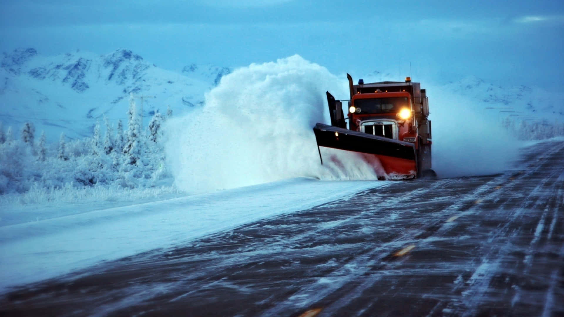 Snowplow, red, snow-filled road, Full HD Desktop Wallpaper