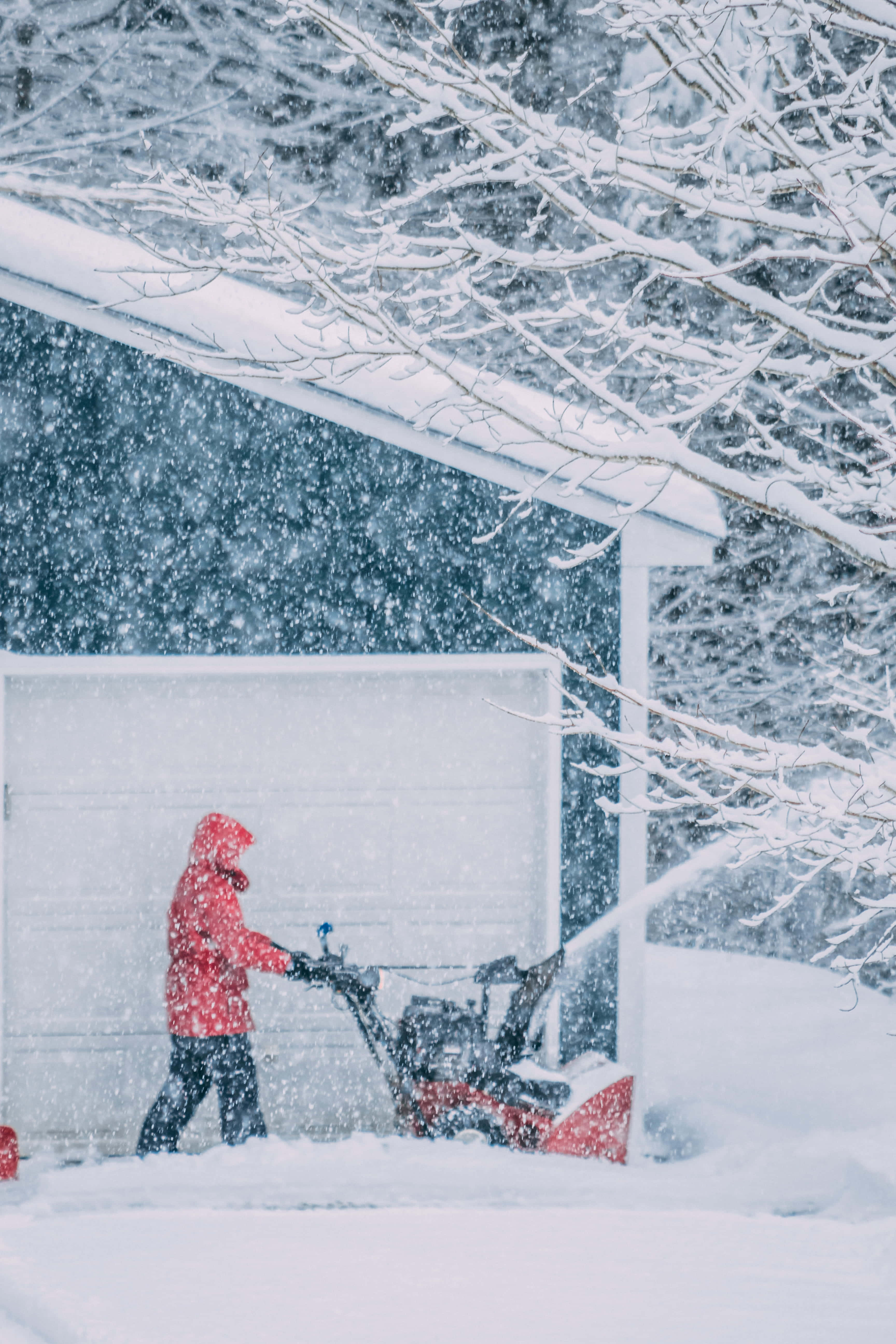 Snowplow, red jacket, driveway, 5K Phone Wallpaper