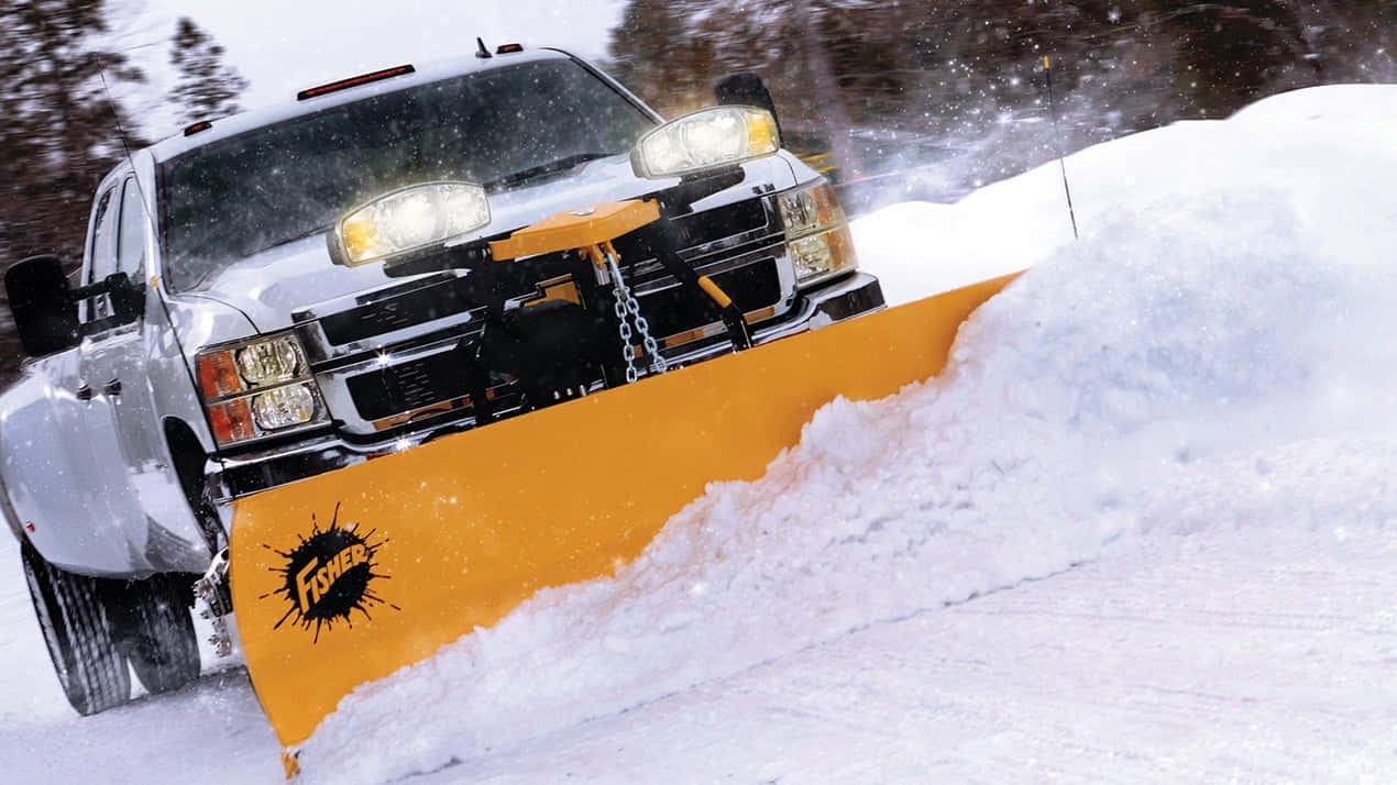 Snowplow, silver pickup truck, bright yellow snowplow, SD Desktop Wallpaper