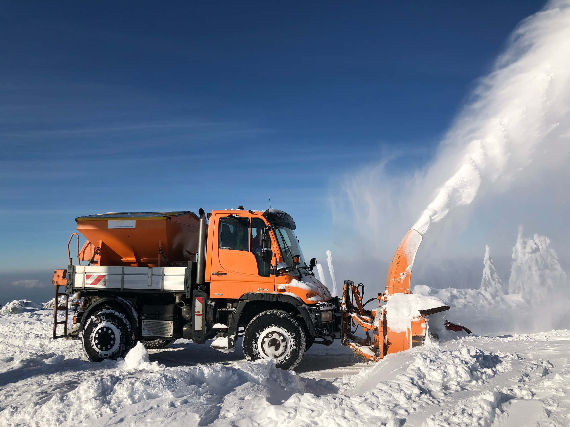 Snowplow, bright orange, clear blue sky, Full HD Desktop Wallpaper
