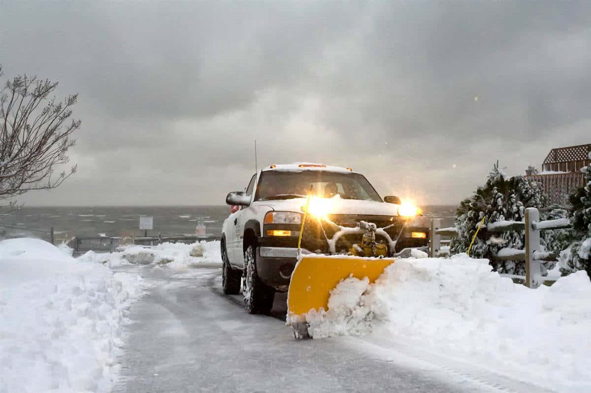 Snowplow, white, narrow coastal road, SD Desktop Wallpaper