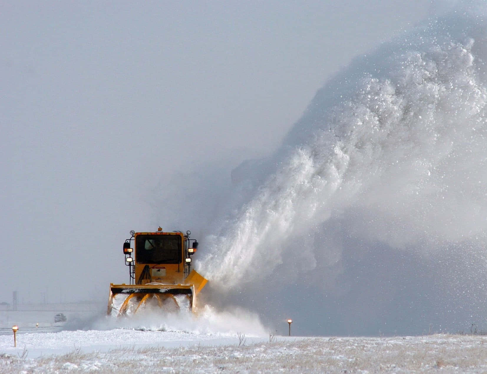 snowplow, yellow, frozen field, HD Desktop Wallpaper