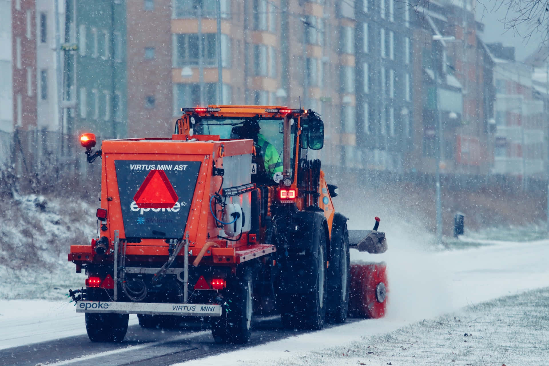 Snowplow, orange, snowy urban street, Full HD Desktop Wallpaper