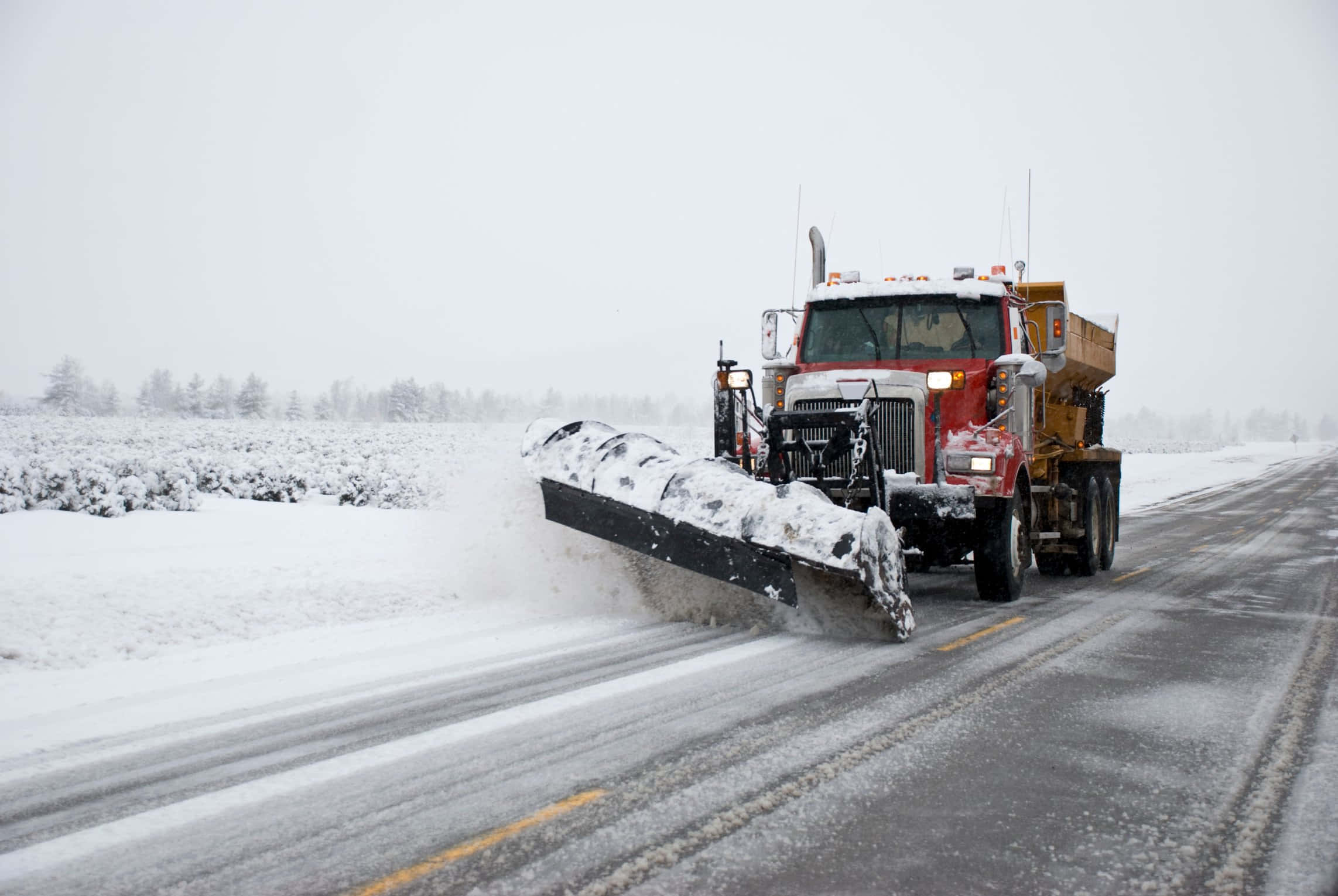 Snowplow, red, snowy road, Full HD Desktop Wallpaper