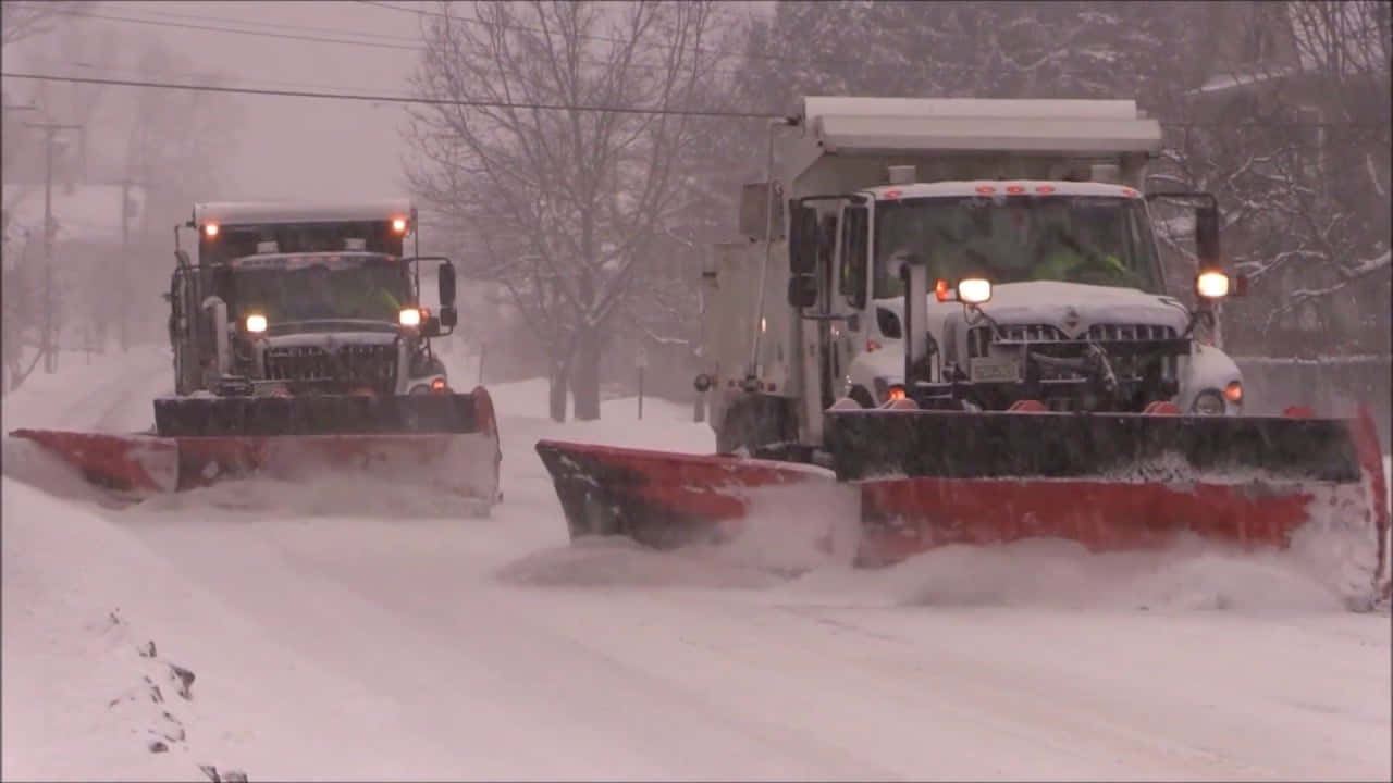 Snowplow, wintry road, bare trees, HD Desktop Wallpaper