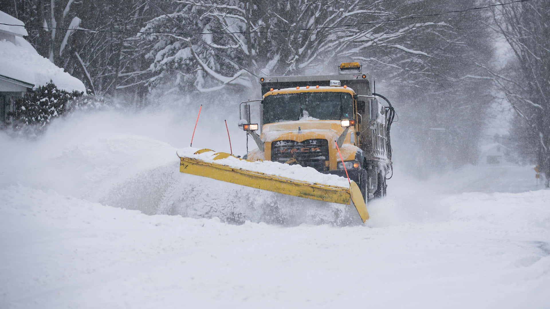Snowplow, yellow, snow-covered street, Full HD Desktop Wallpaper