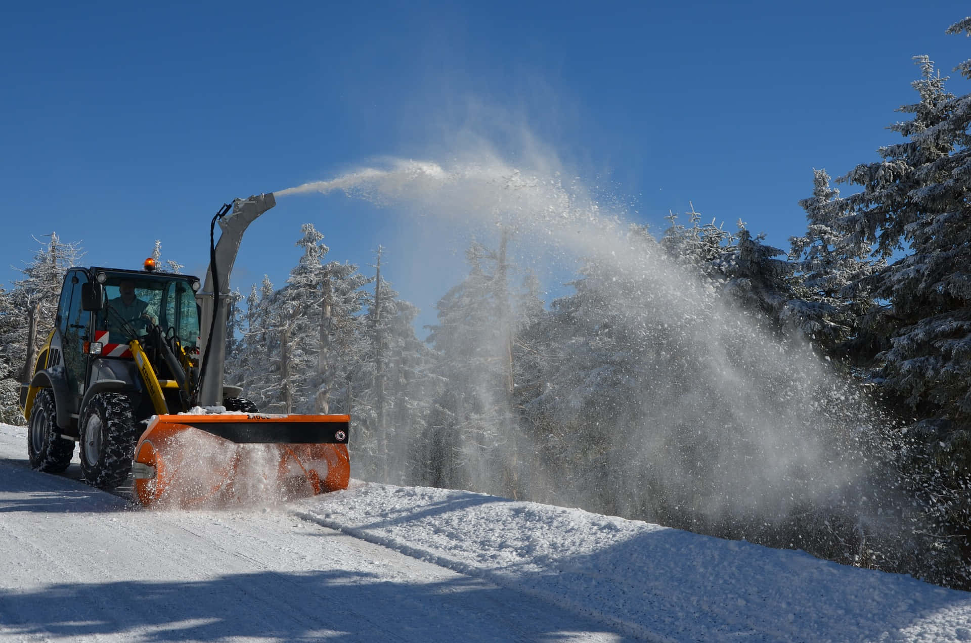 Snowplow, bright orange, snowy path, Full HD Desktop Wallpaper