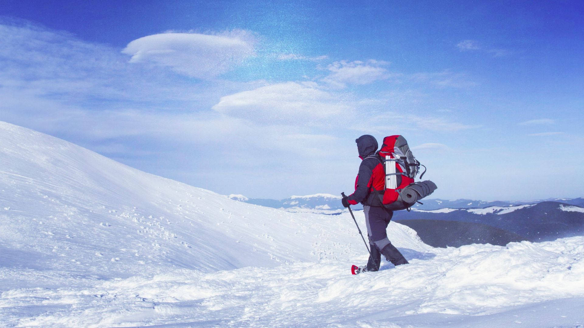 snowshoeing, blue sky, red backpack, Full HD Desktop Wallpaper
