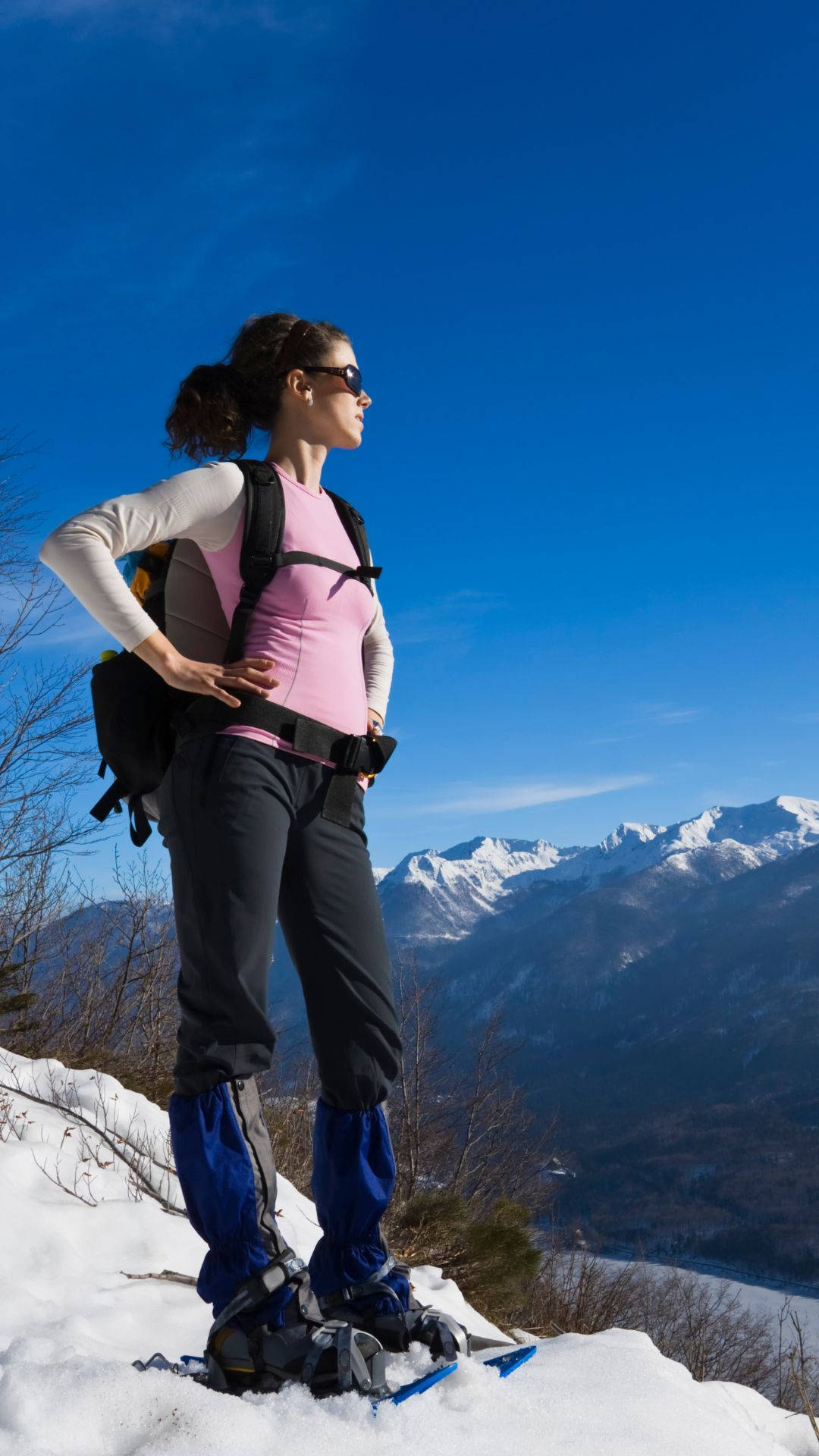 snowshoes, snowy mountain ridge, clear blue sky, Full HD Phone Wallpaper