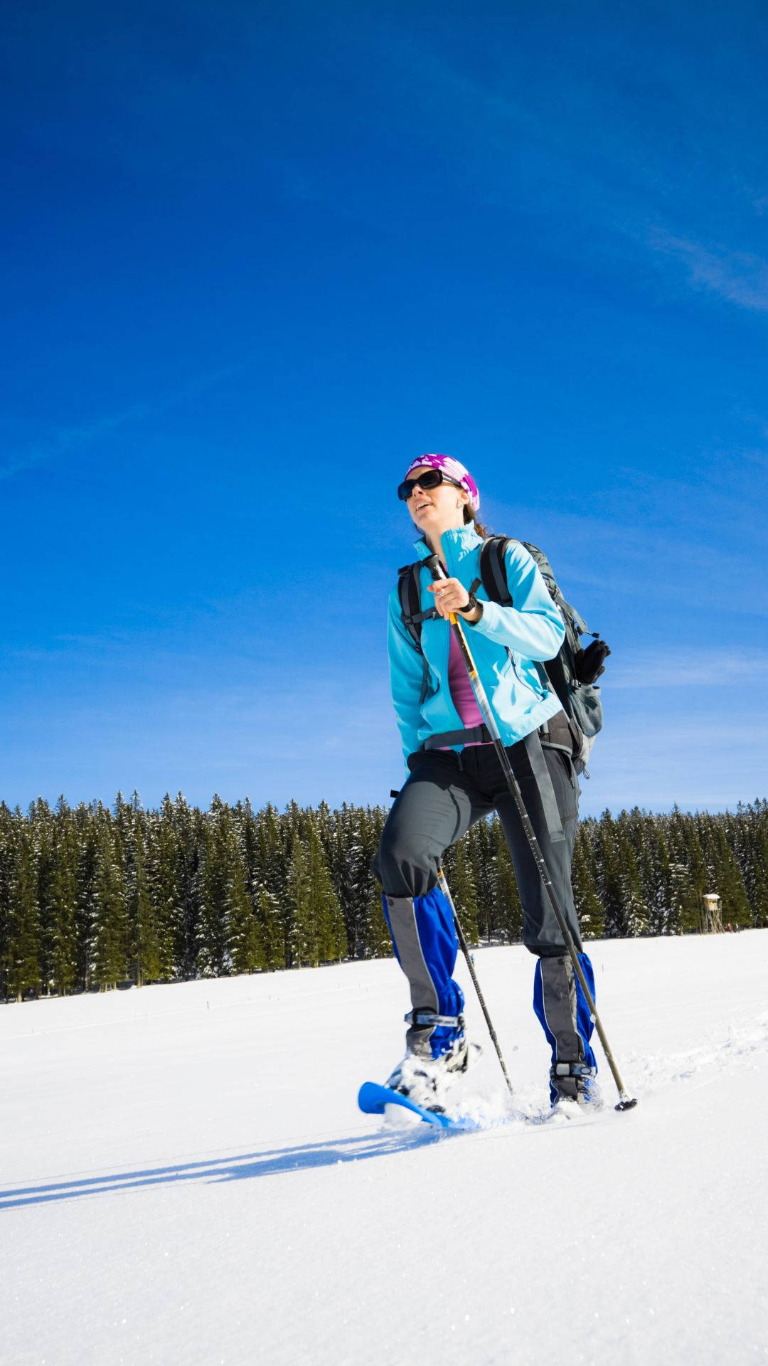snowshoeing, snowy slope, clear blue sky, Full HD Phone Wallpaper
