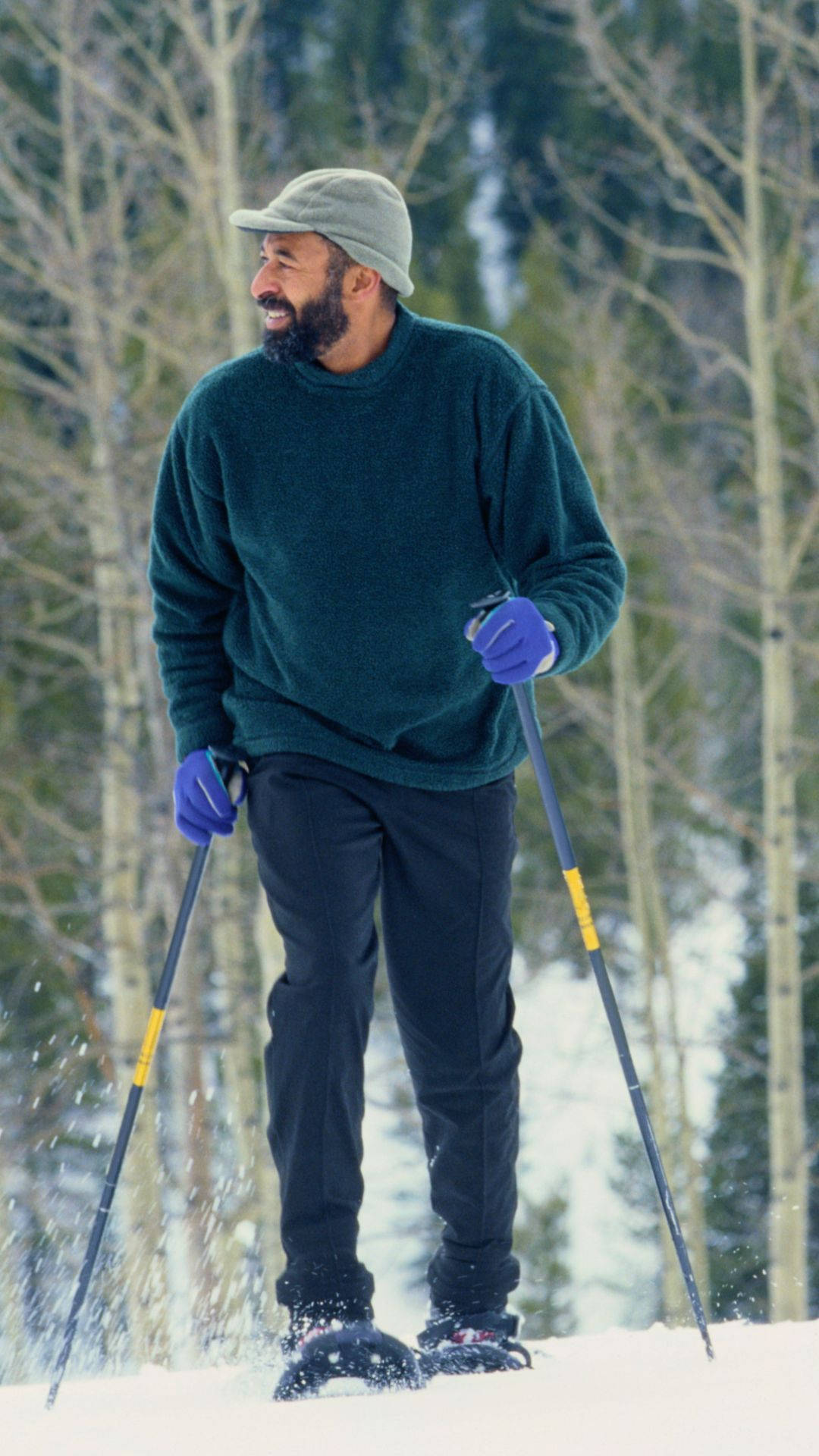 snowshoeing, green sweater, gray hat, Full HD Phone Wallpaper