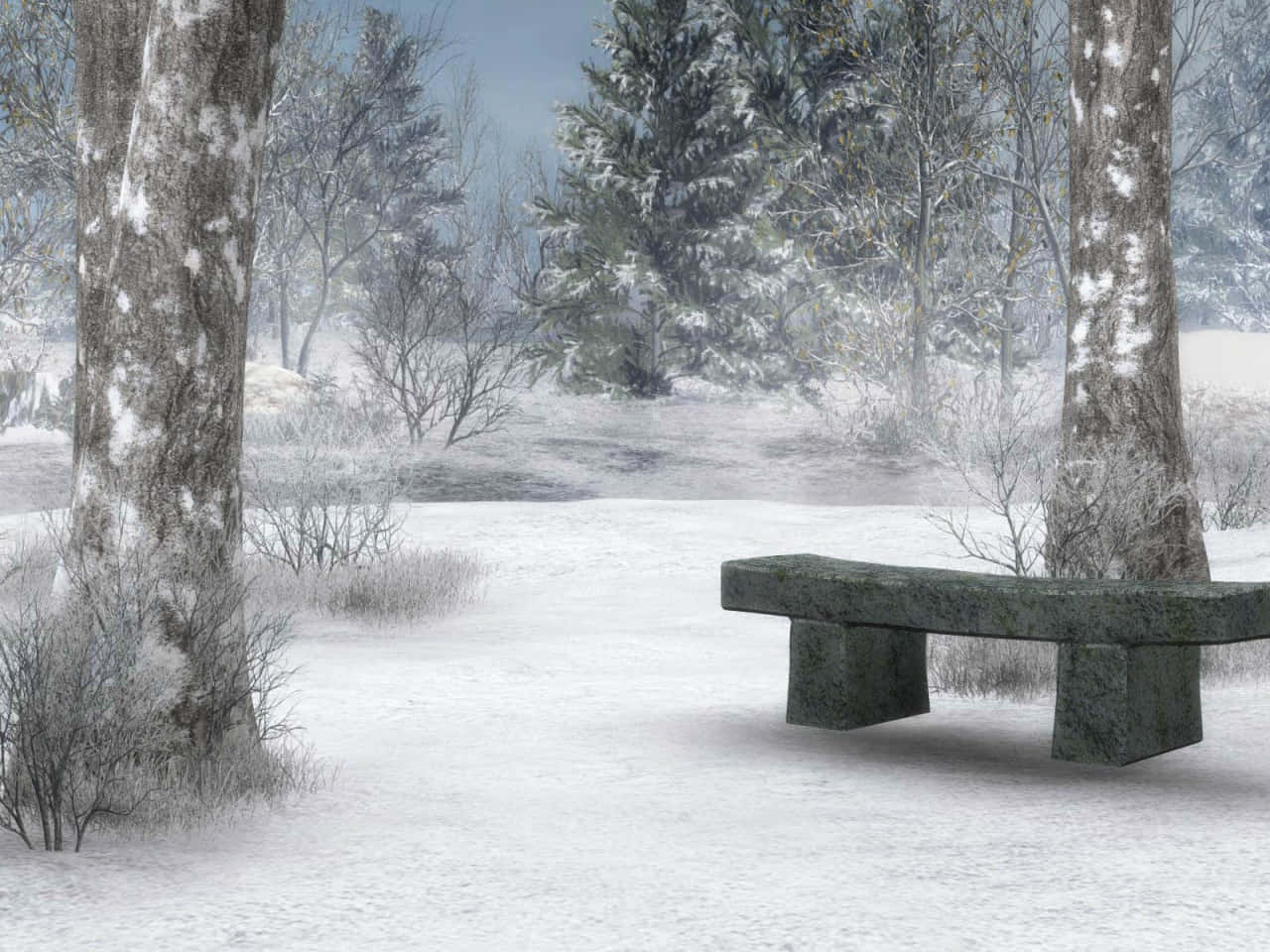 snowy forest clearing, stone bench, snow-dusted trees, HD Desktop Wallpaper