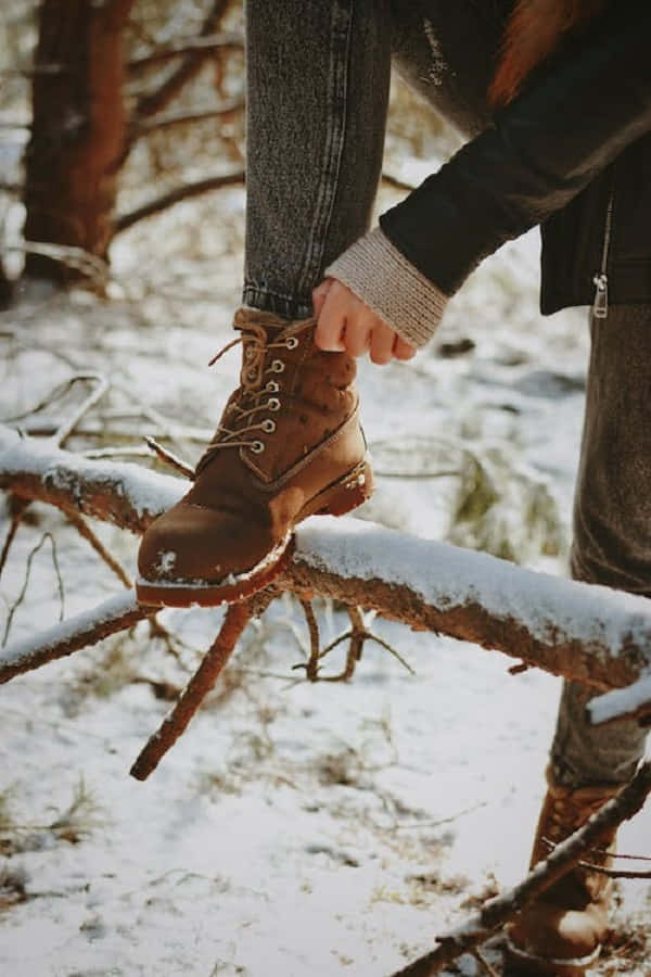 snowshoes, brown boots, snow-dusted fallen branch, SD Phone Wallpaper