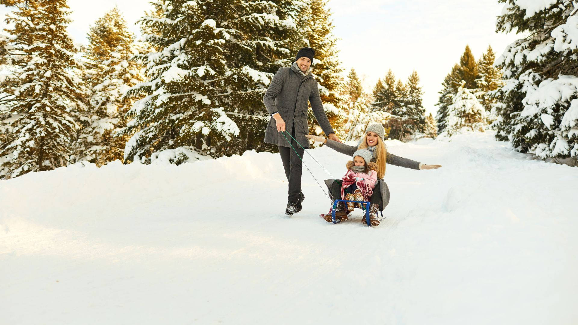 snowshoeing, happy family, snowy forest, Full HD Desktop Wallpaper