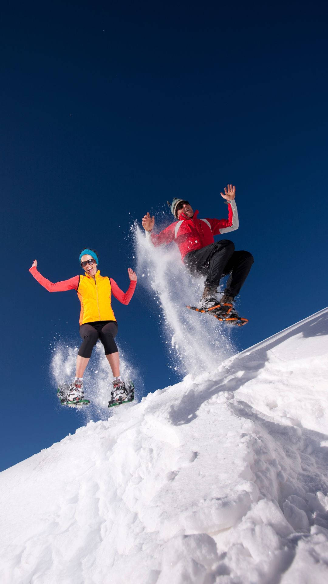 snowshoeing, snow mountain, jump pose, Full HD Phone Wallpaper