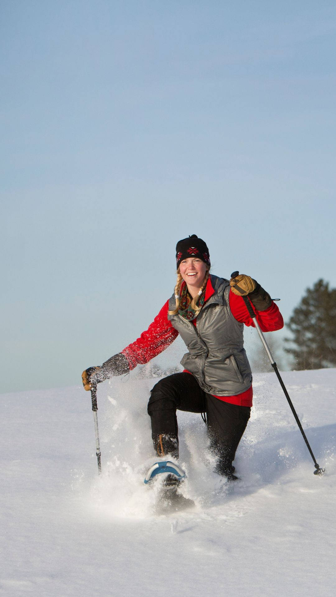 woman, red jacket, snowshoes, Full HD Phone Wallpaper