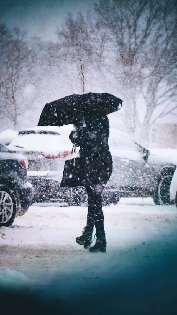 snowshoes, black umbrella, snow-covered cars, SD Phone Wallpaper