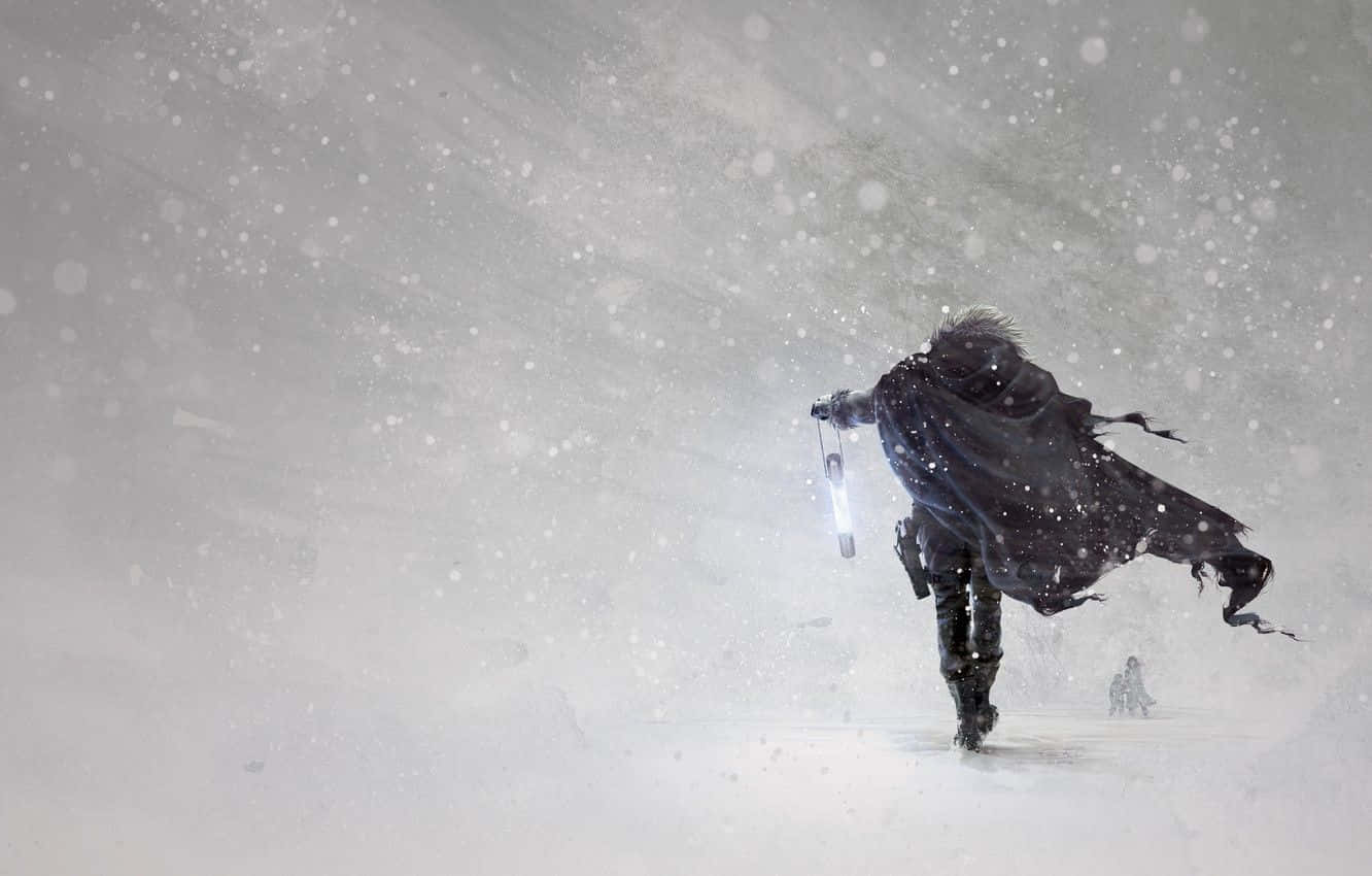 Snowstorm, twilight, cloaked figure, HD Desktop Wallpaper