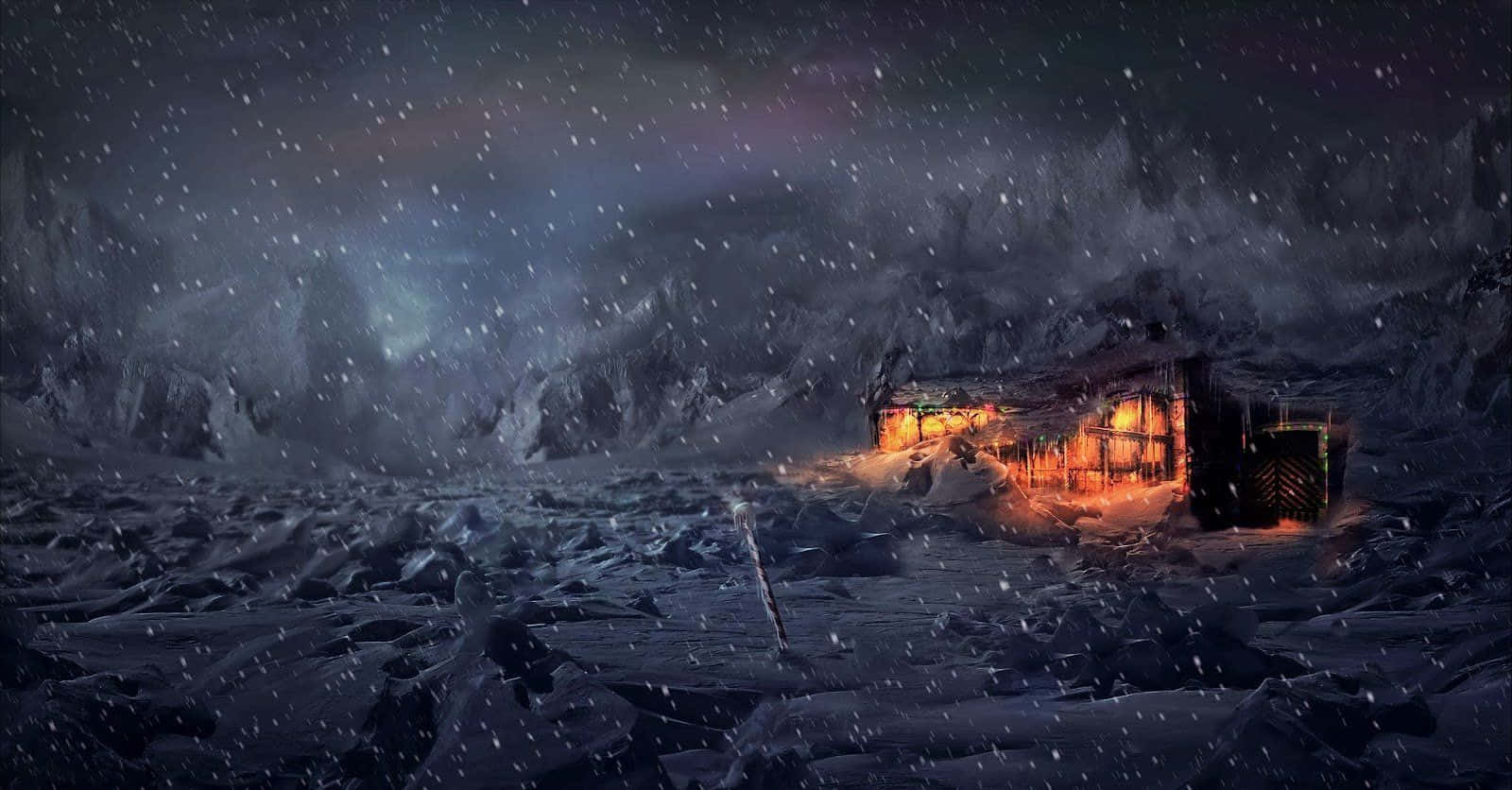 Snowstorm, cabin, snowy mountain, HD Desktop Wallpaper