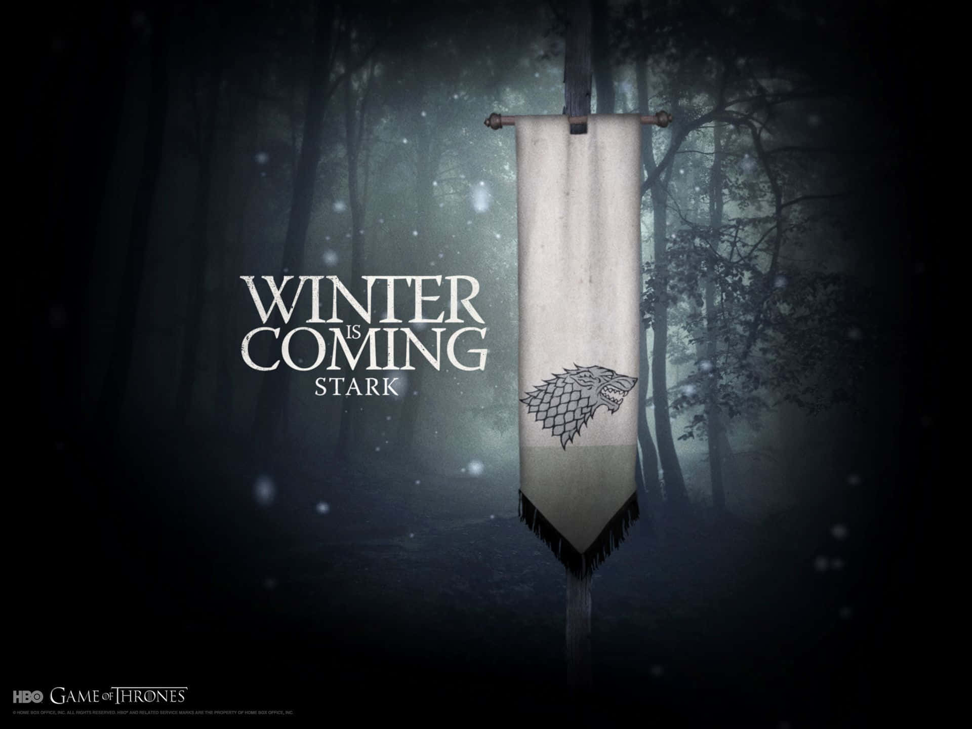 Stark banner, direwolf sigil, misty snowy forest, Full HD Desktop Wallpaper