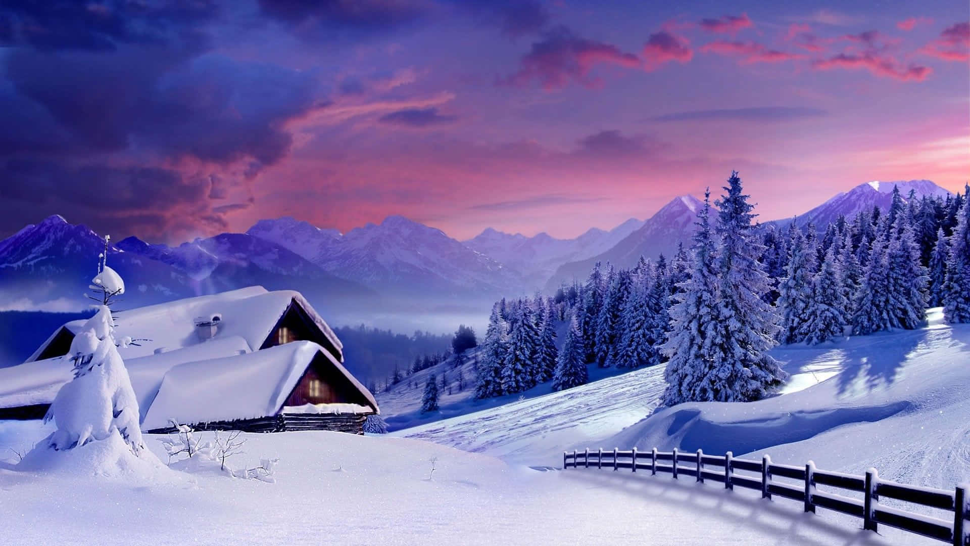 snow-covered cabin, mountain valley, twilight, Full HD Desktop Wallpaper