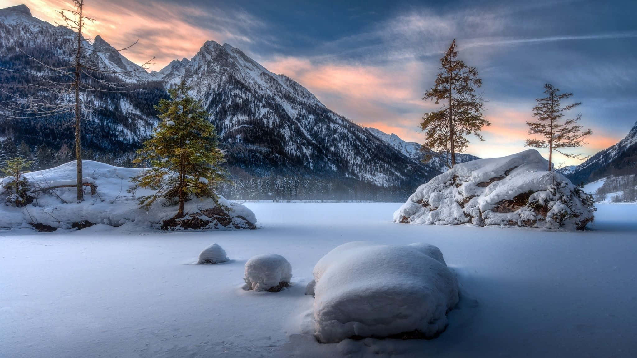 snowy landscape, frozen lake, towering mountains, Full HD Desktop Wallpaper