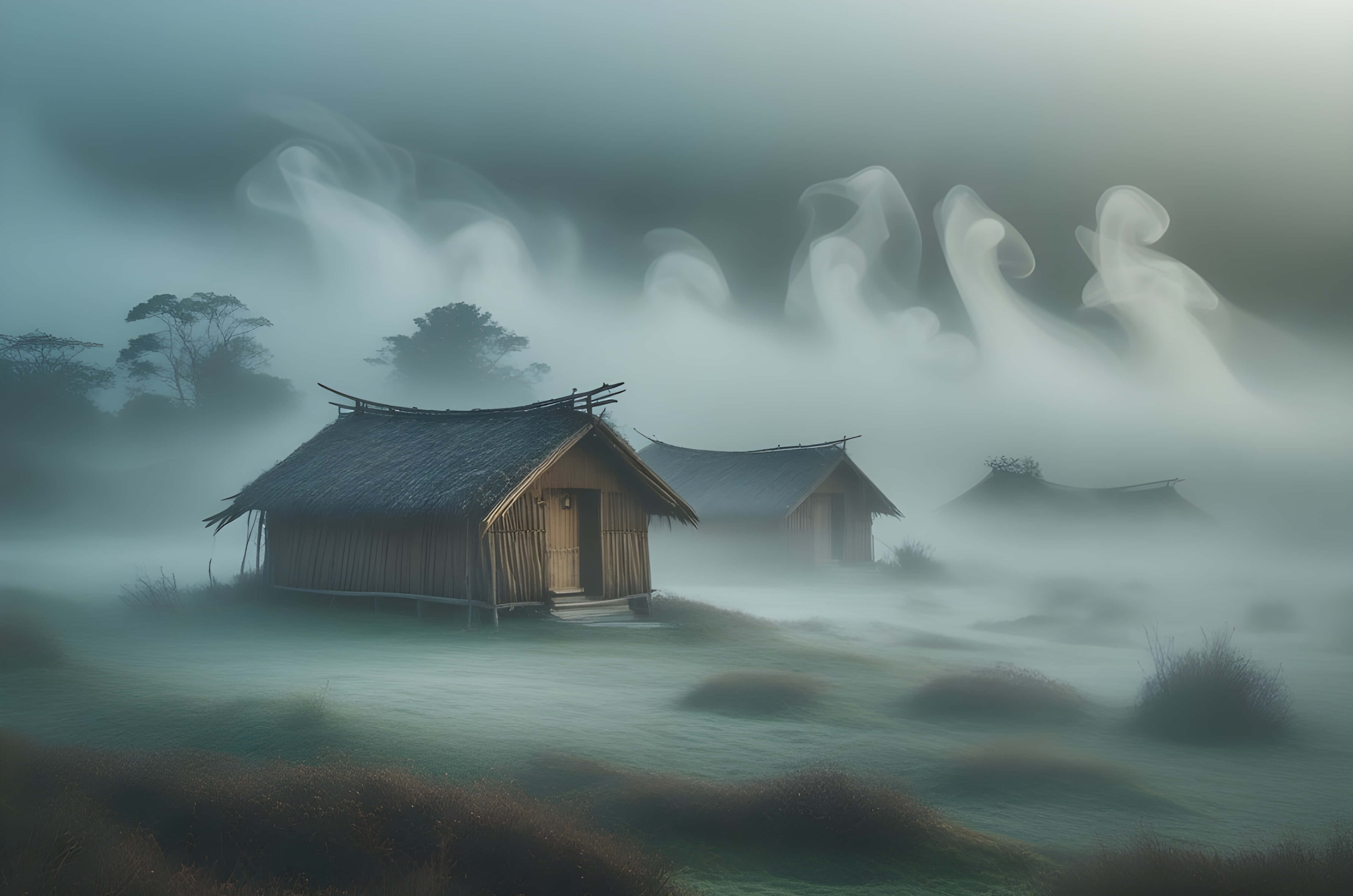 misty morning, rustic wooden huts, thatched roofs, 4K Desktop Wallpaper
